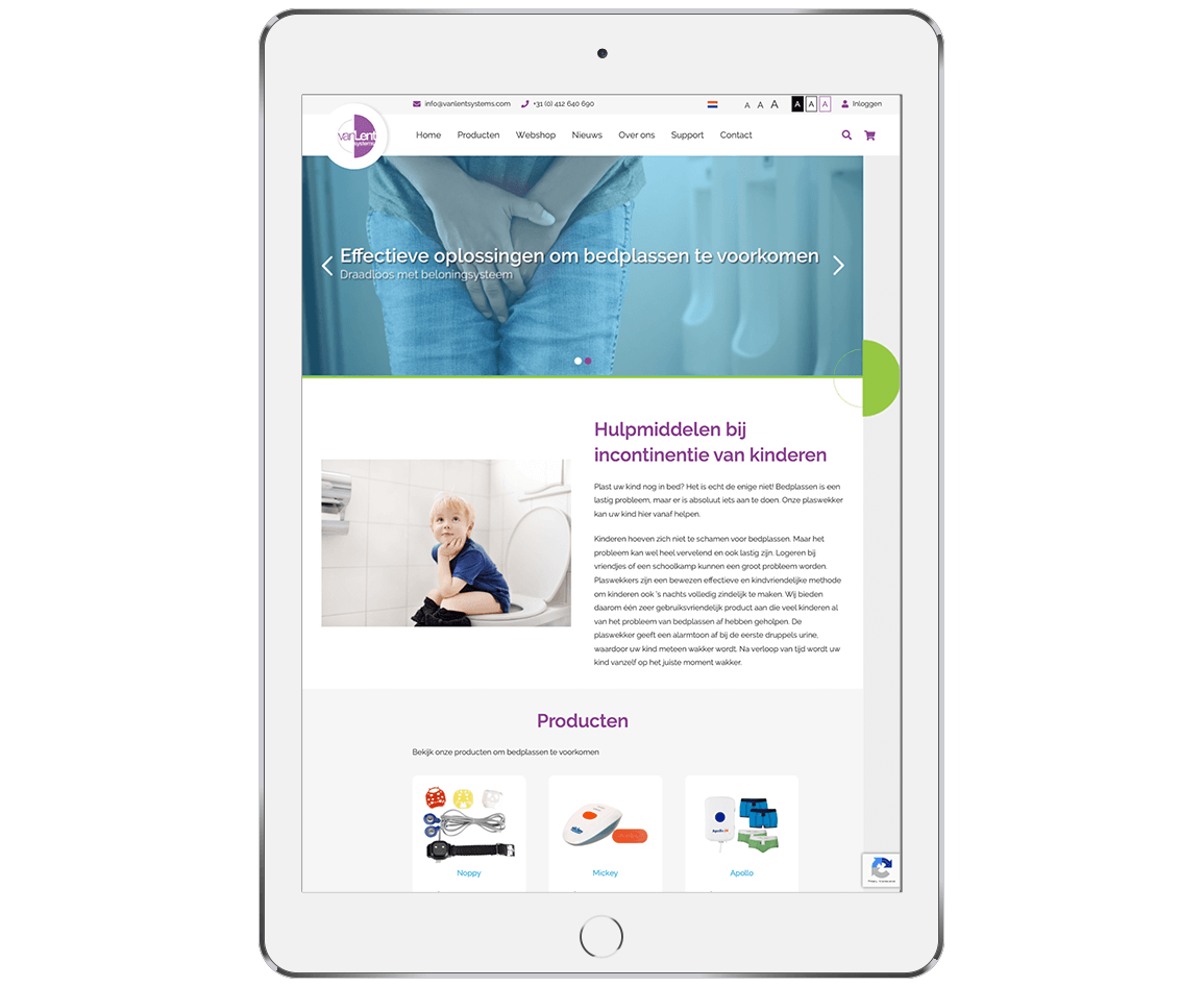 Website van Van Lent Systems met hulpmiddelen bij bedplassen op een iPad