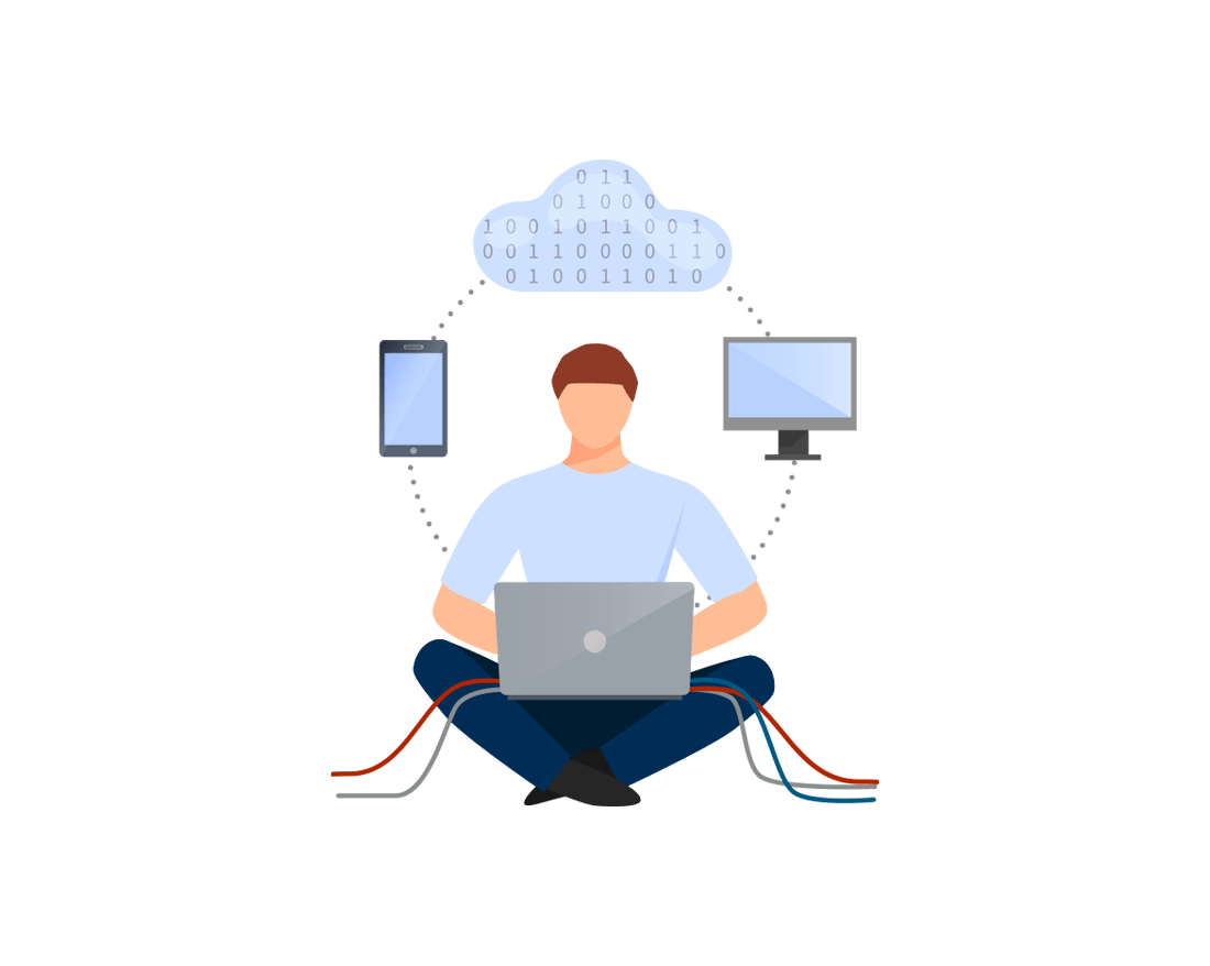 Illustratie van een man met laptop verbonden met cloud, tablet en monitor
