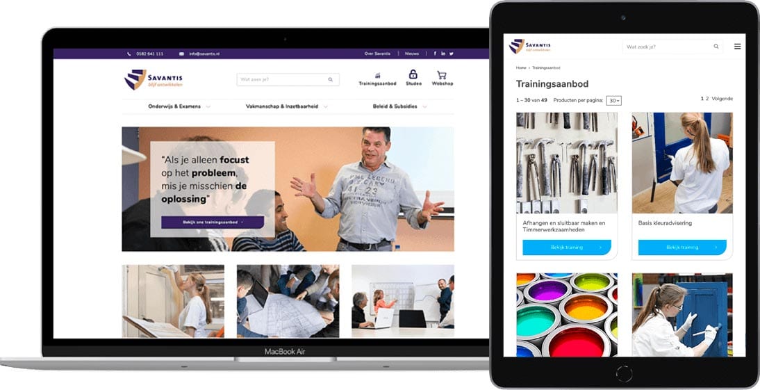Website met trainingsaanbod van Savantis op laptop en tablet