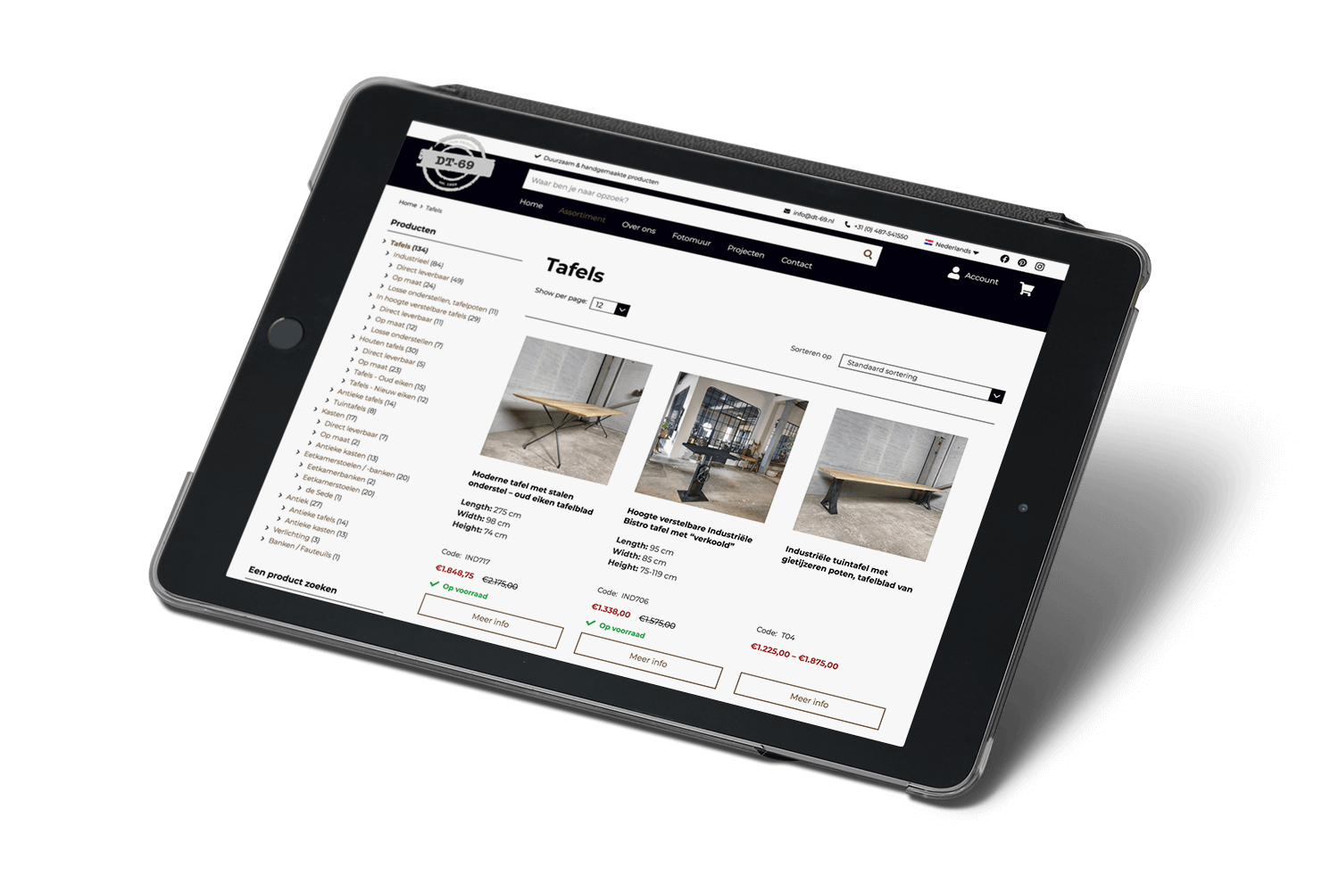 Categoriepagina Tafels van de webshop van DT-69 op een iPad