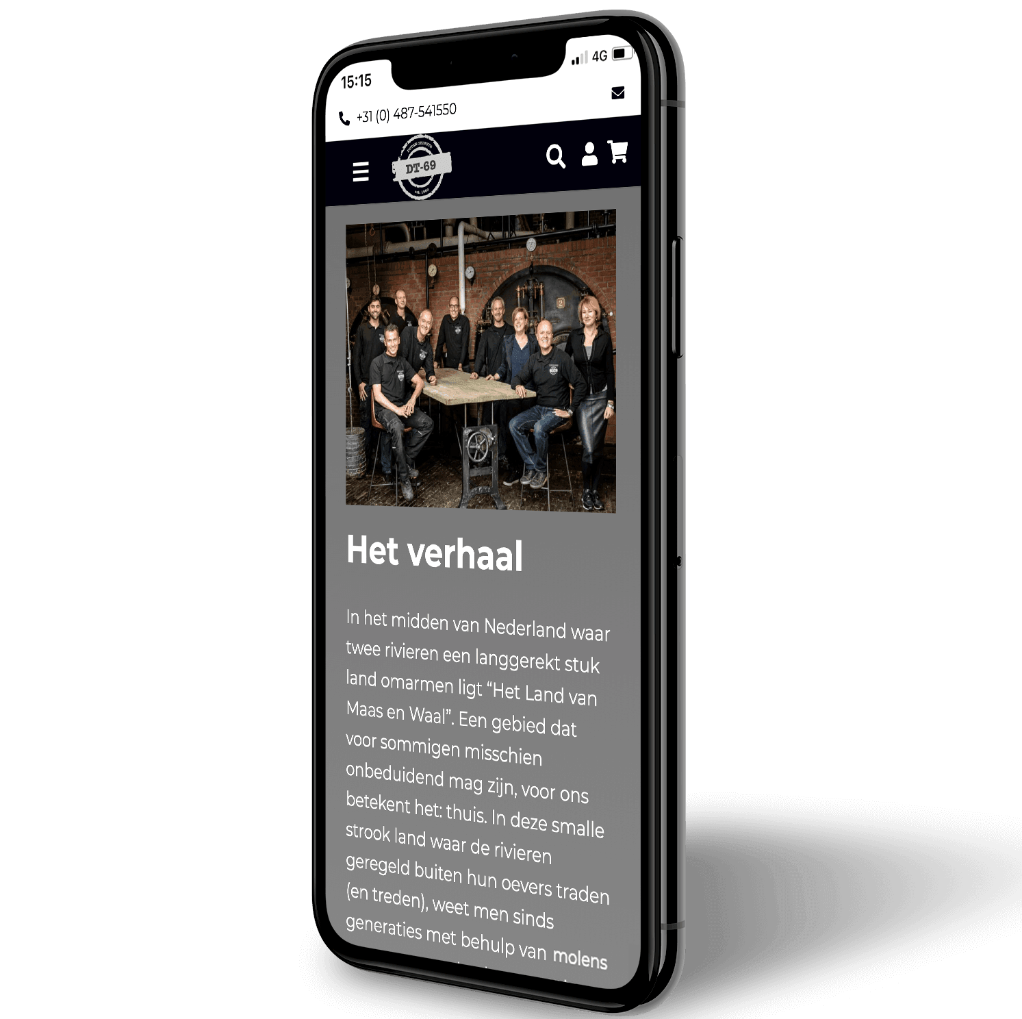Pagina ‘Het verhaal’ van de webshop van DT-69 op een smartphone
