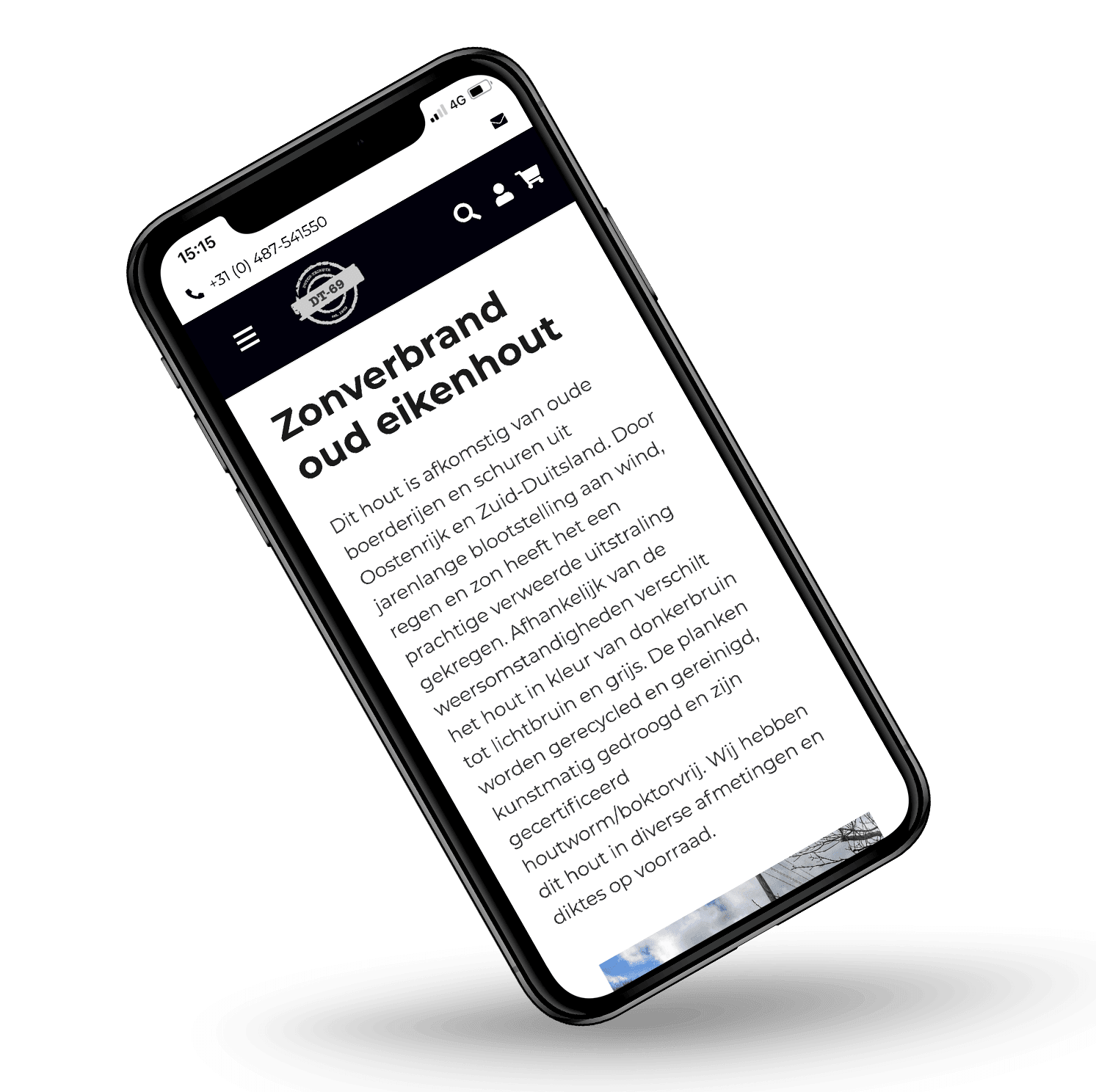 Pagina over zonverbrand oud eikenhout van DT-69 op een smartphone