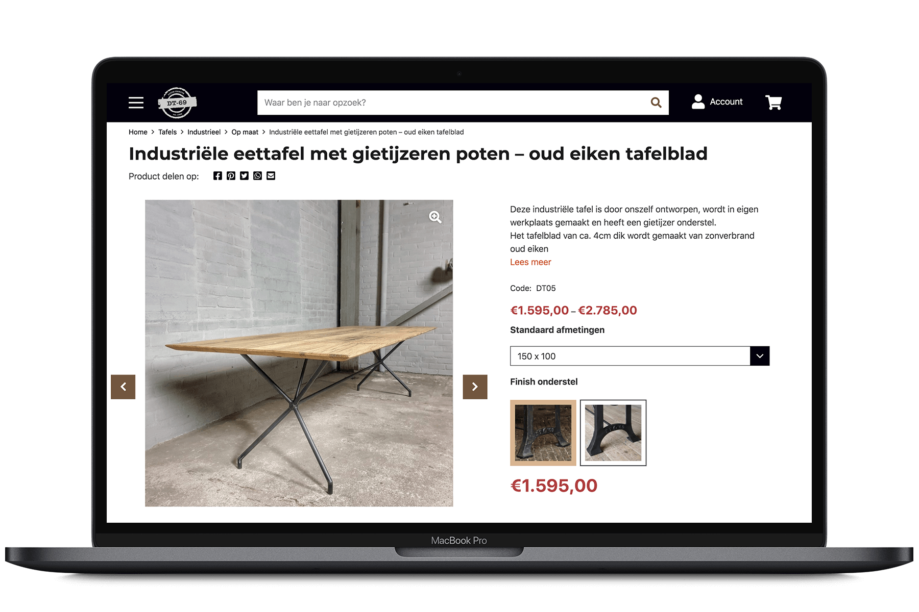 Productpagina van een industriële eettafel in de webshop van DT-69 op een MacBook