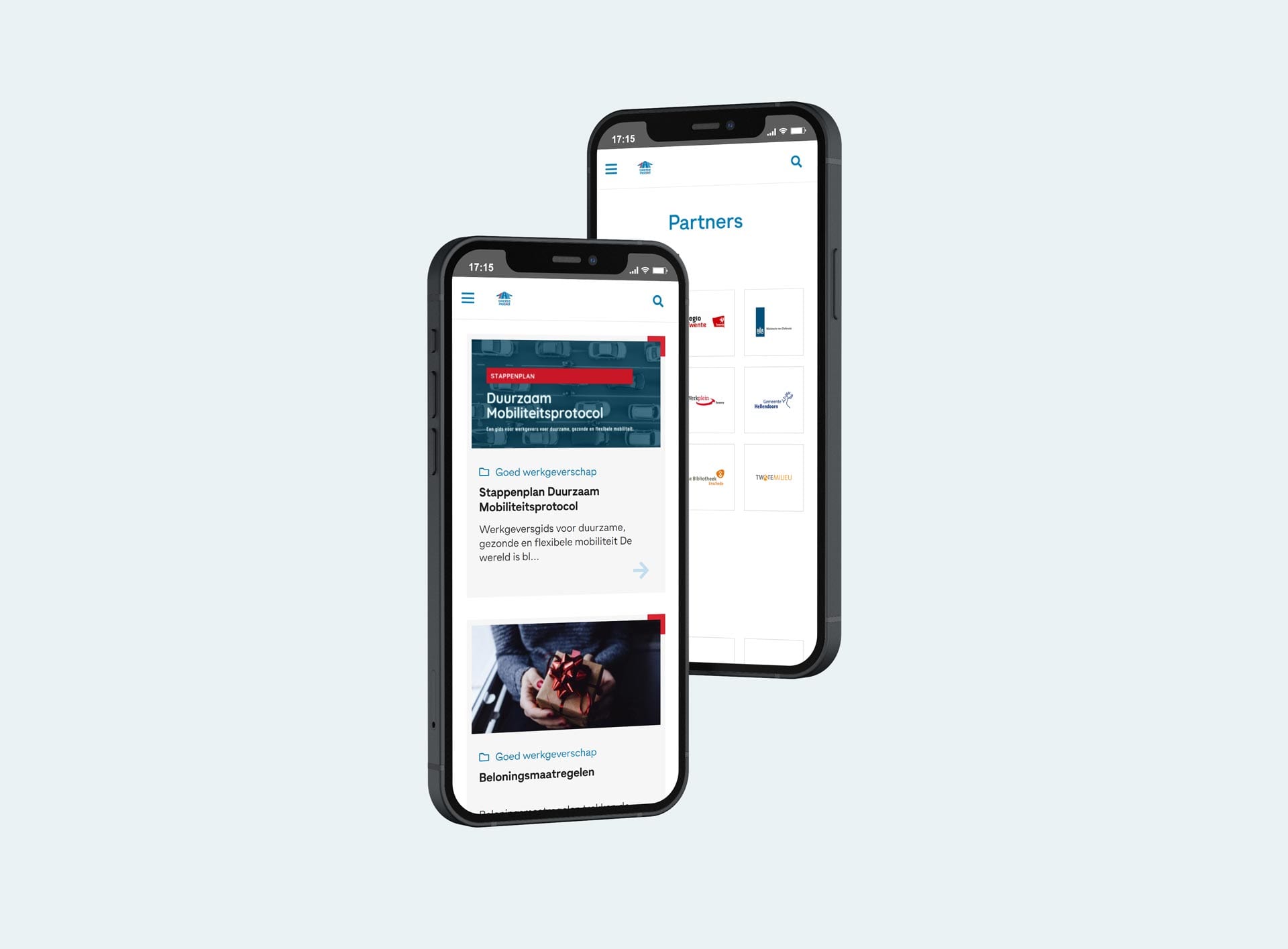 Artikelen en partnerpagina van Twente Mobiel op twee smartphones