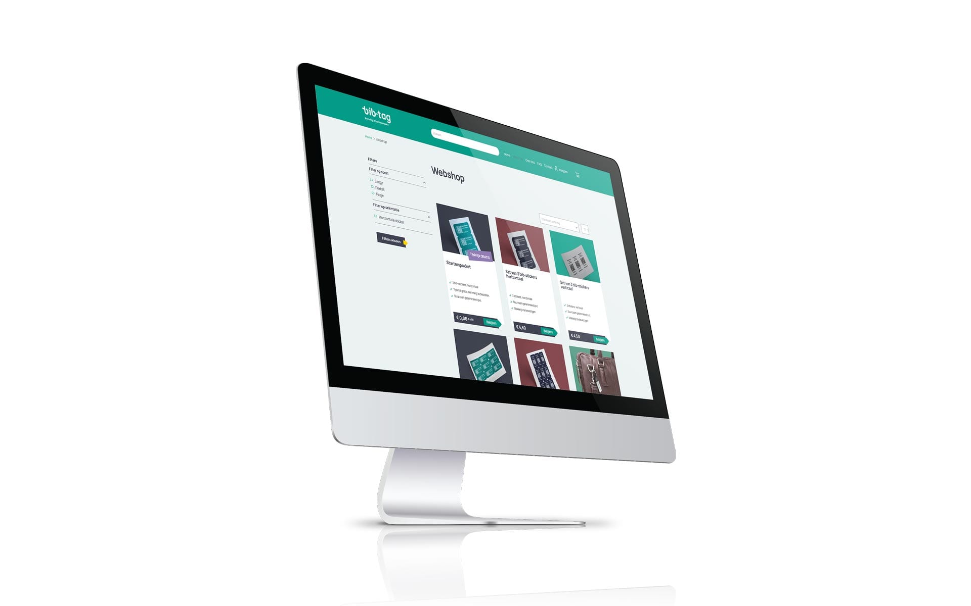Webshop van BiB Tag met productoverzicht op een iMac