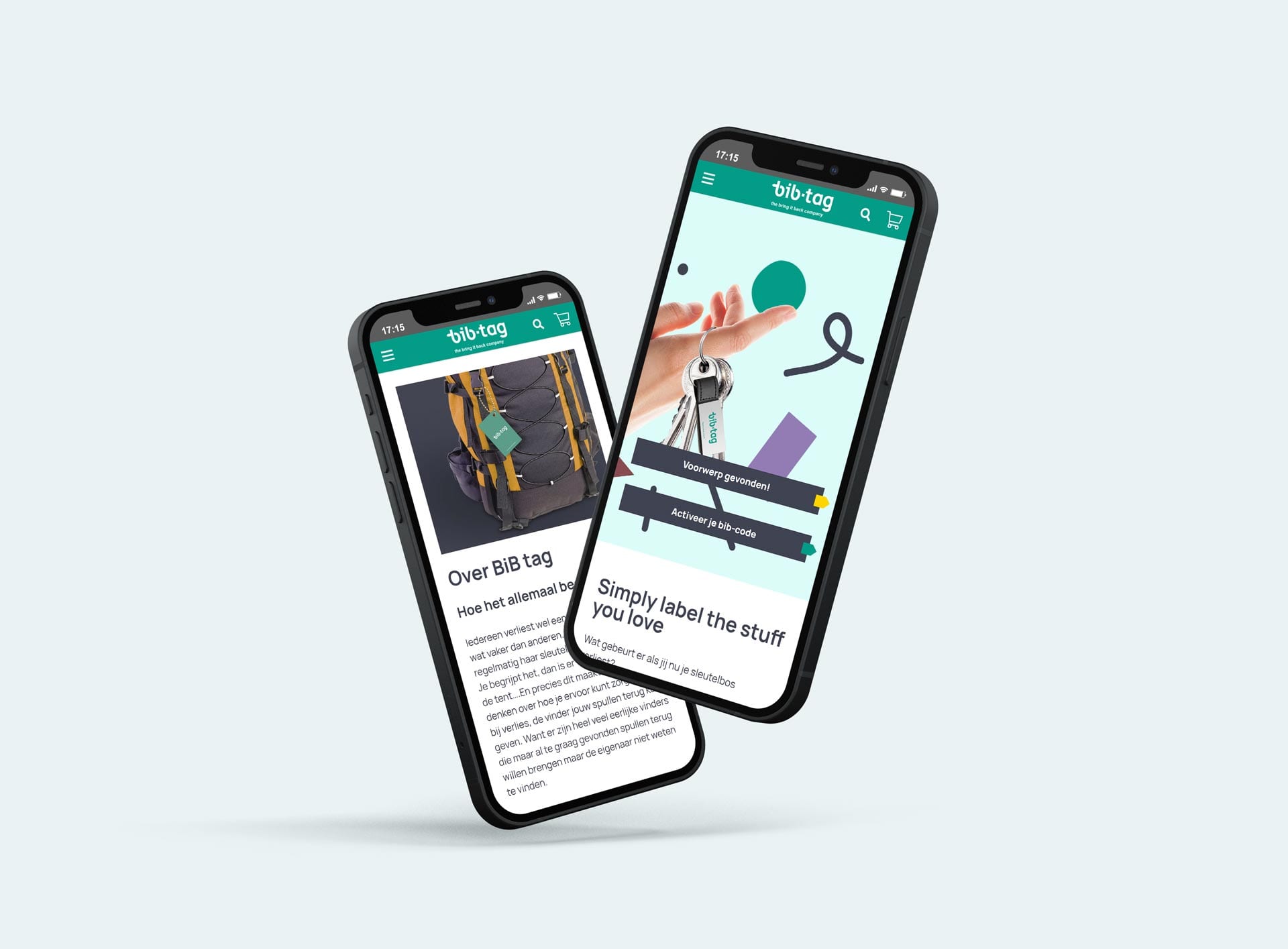 Website van BiB Tag op twee smartphones, met homepage en pagina Over BiB tag