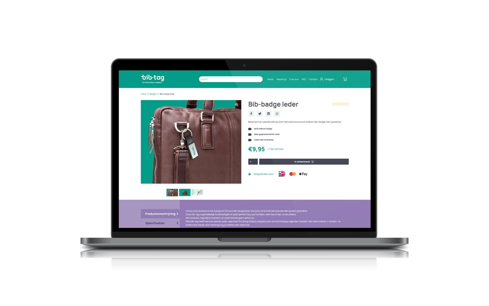 Productpagina van de leren Bib-badge in de webshop van BiB Tag op een MacBook