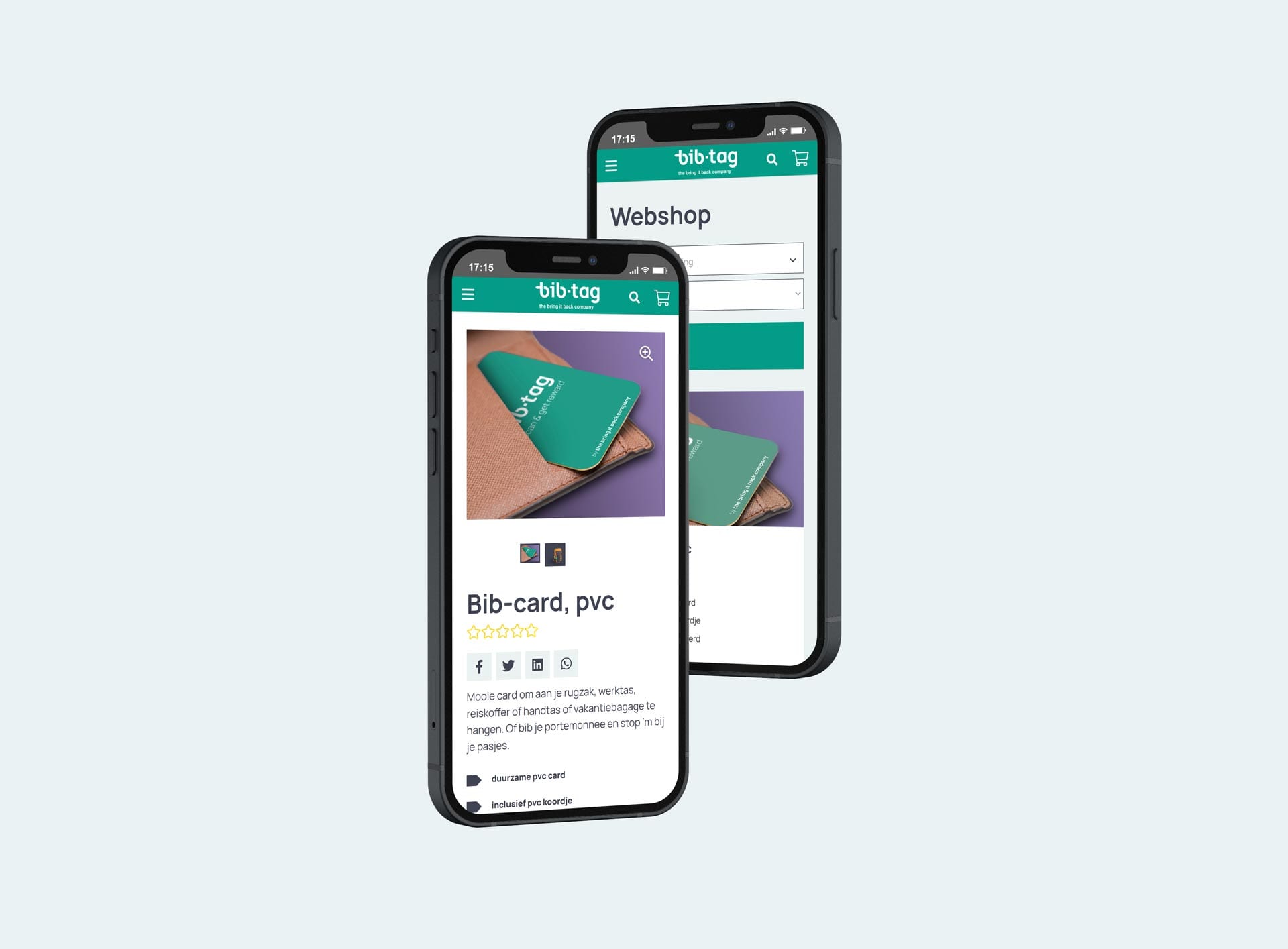 Productpagina van de Bib-card en de webshop van BiB Tag op smartphones