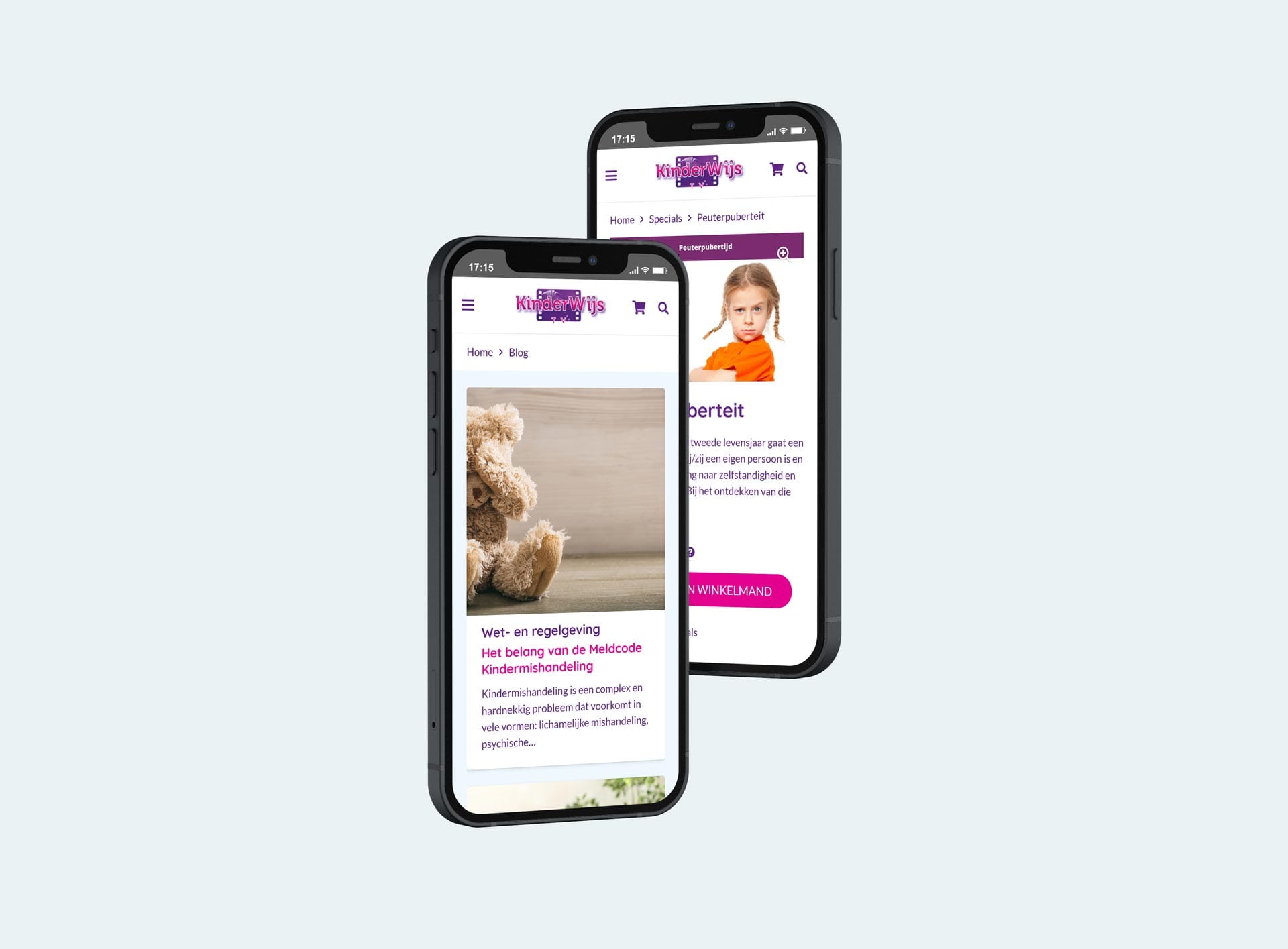Blogpagina en productpagina van KinderWijs TV op twee smartphones