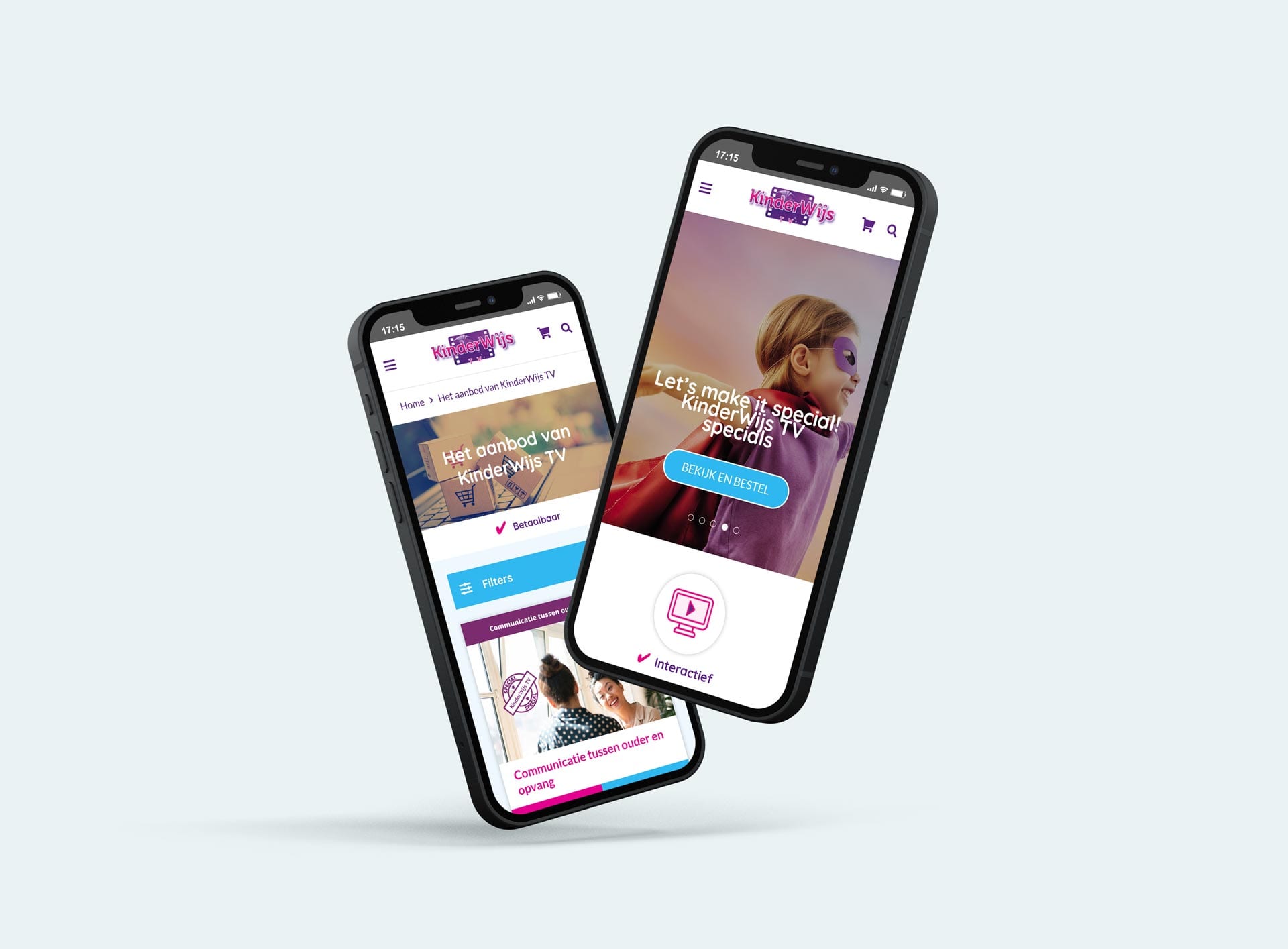 Homepage en aanbod van KinderWijs TV op twee smartphones