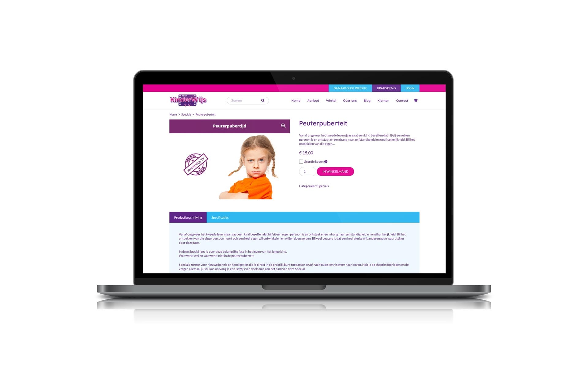 Productpagina van de special Peuterpuberteit van KinderWijs TV op een MacBook