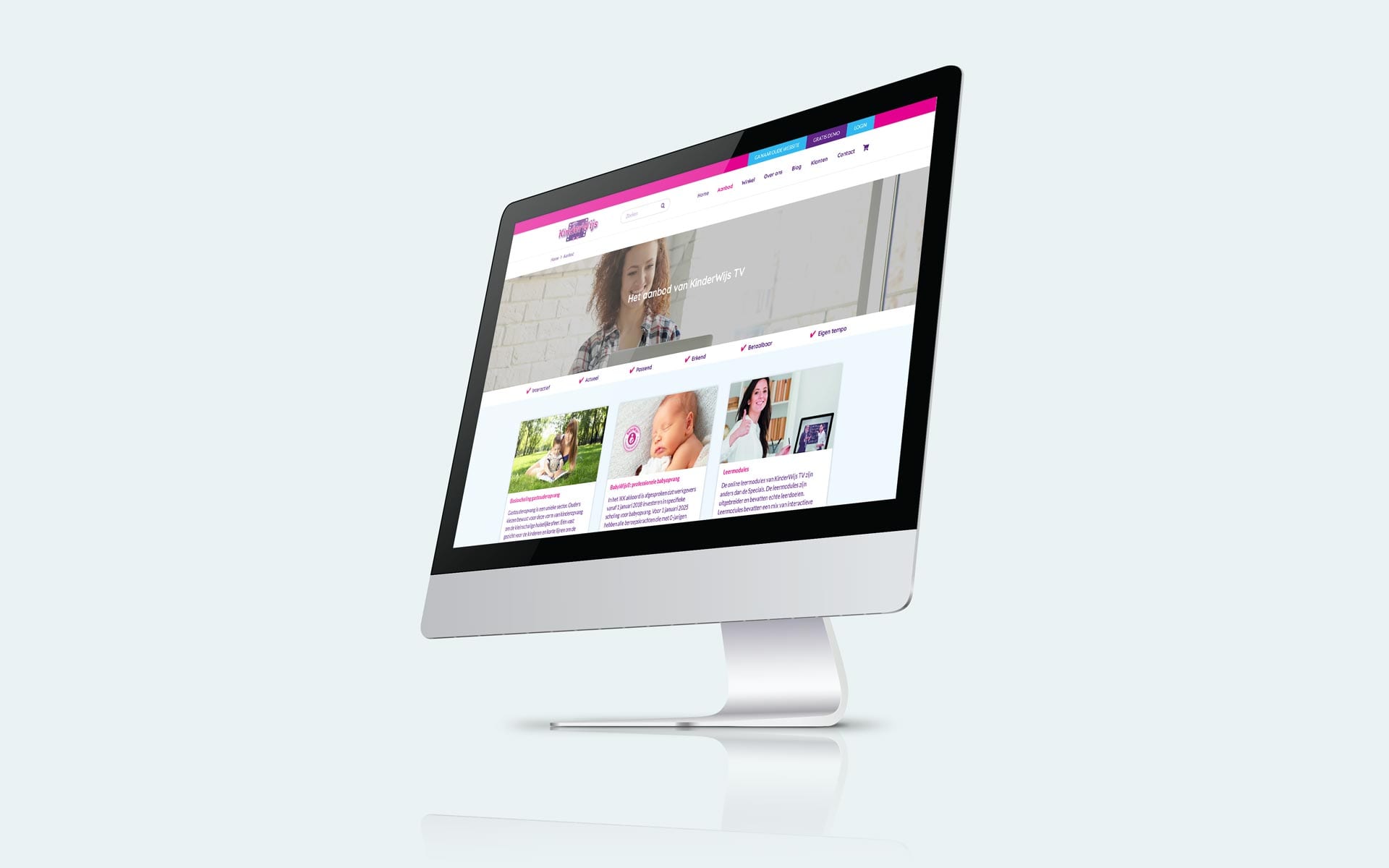 Overzichtspagina met het aanbod van KinderWijs TV op een iMac