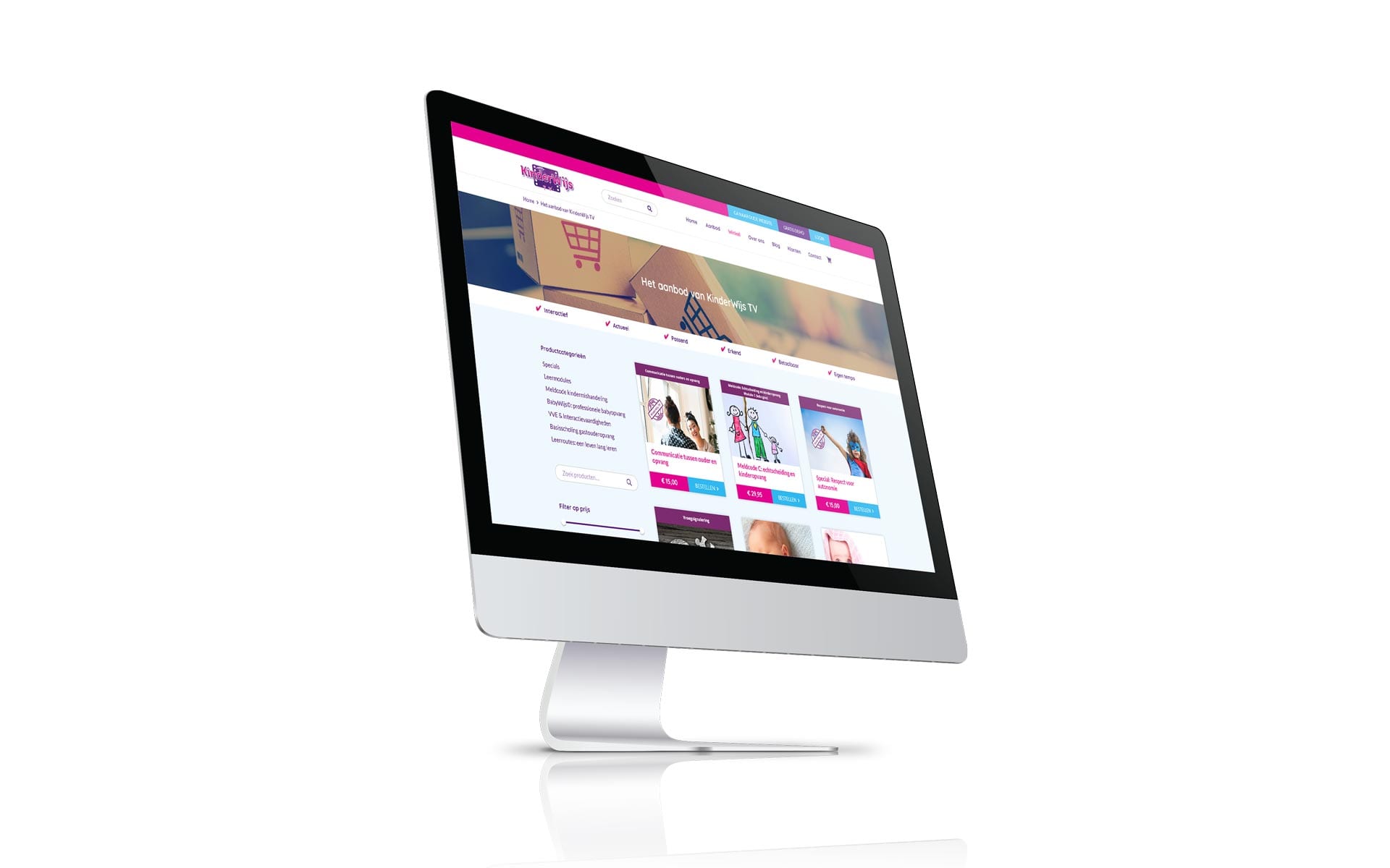 Webshop van KinderWijs TV met het aanbod aan specials op een iMac