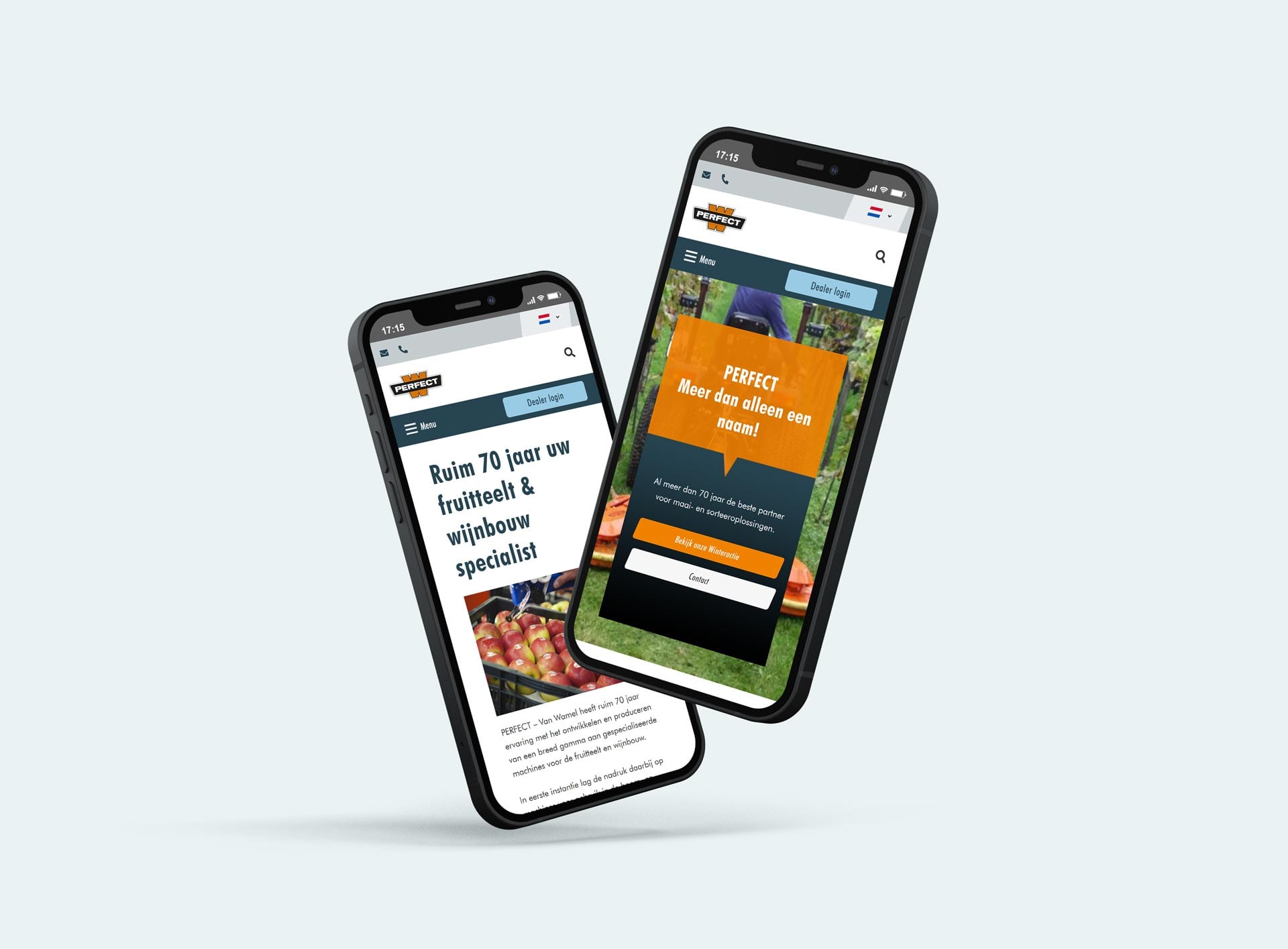 Homepage en bedrijfspagina van Perfect Van Wamel op twee smartphones