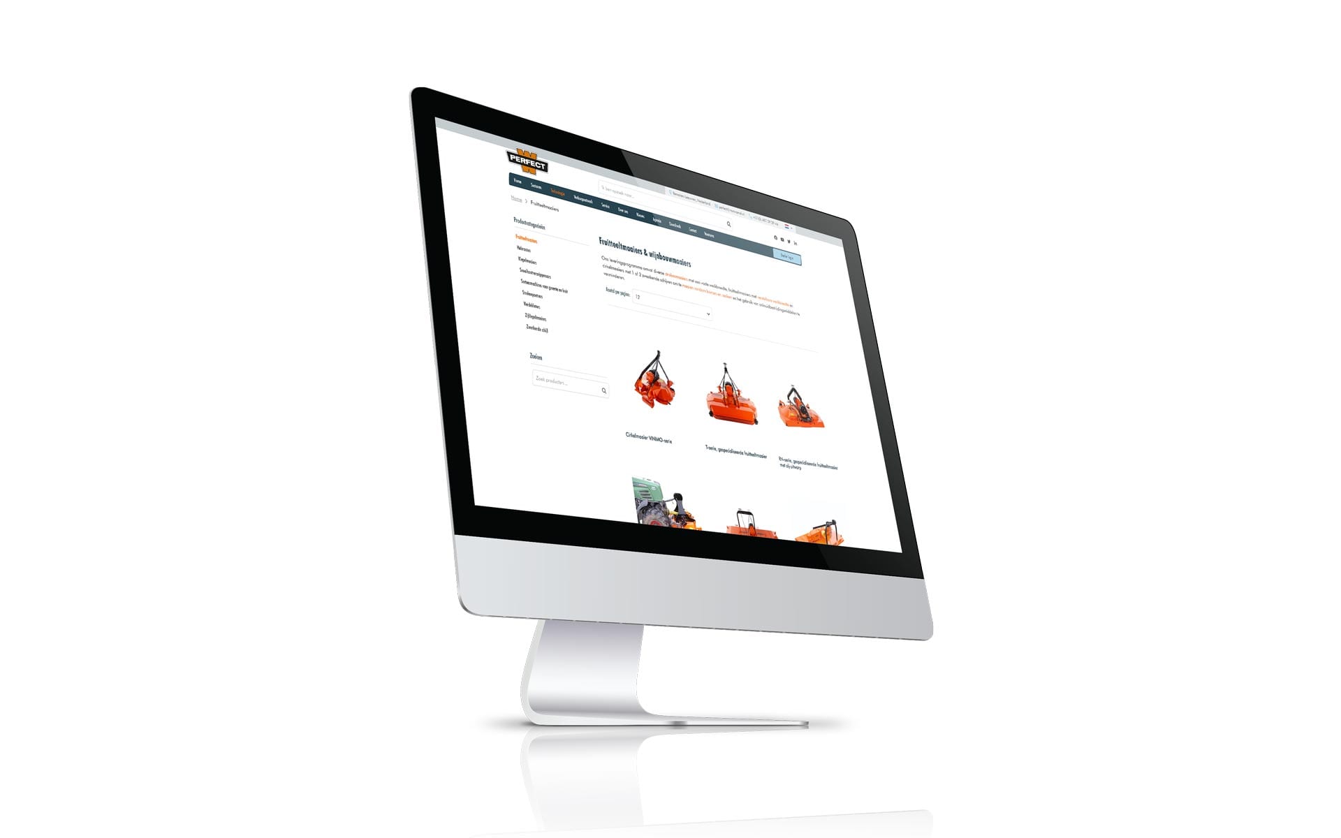 Categoriepagina met maaimachines van Perfect Van Wamel op een iMac