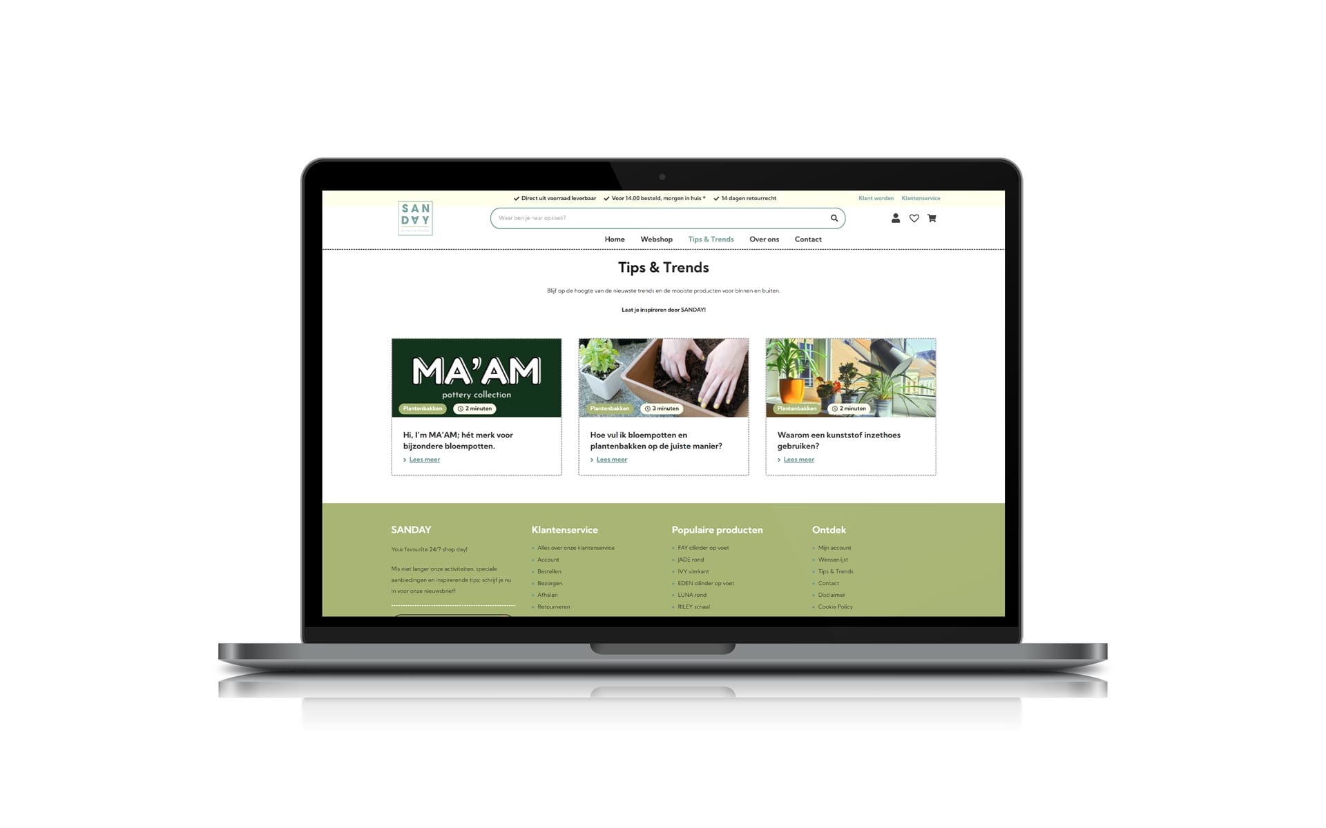 Blogpagina Tips & Trends van de SANDAY-webshop op een laptop