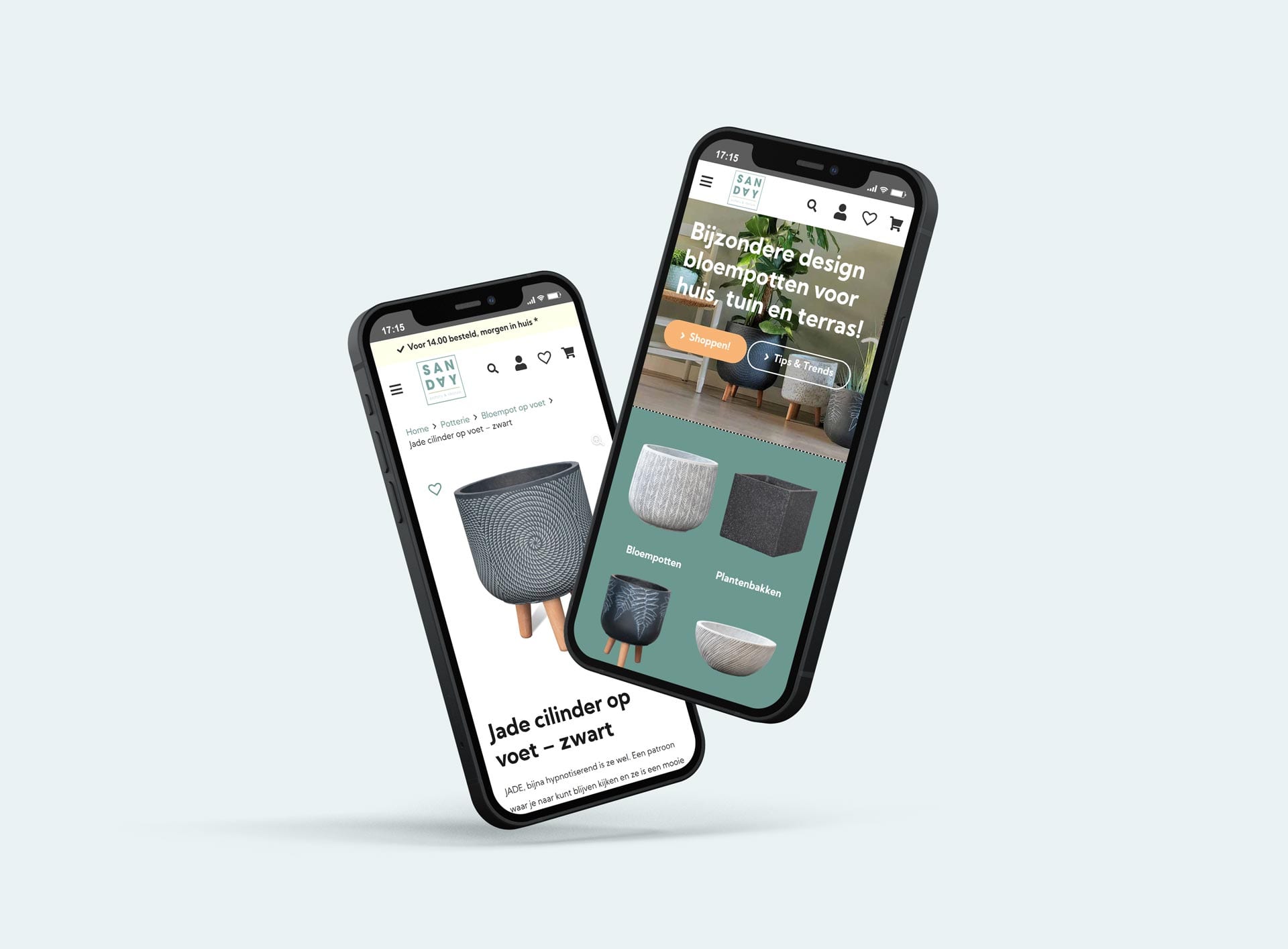 Homepage en productpagina van de SANDAY-webshop op twee smartphones