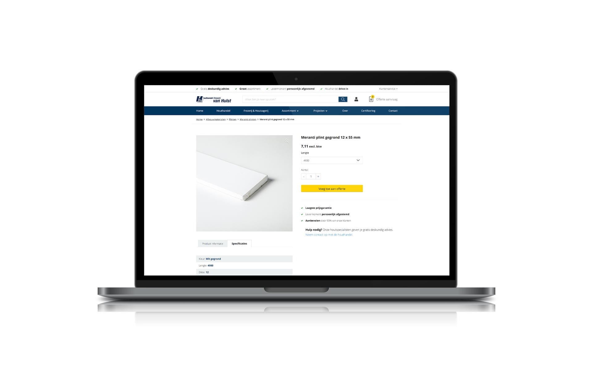 Productpagina van een meranti plint van Van Hulst op een MacBook