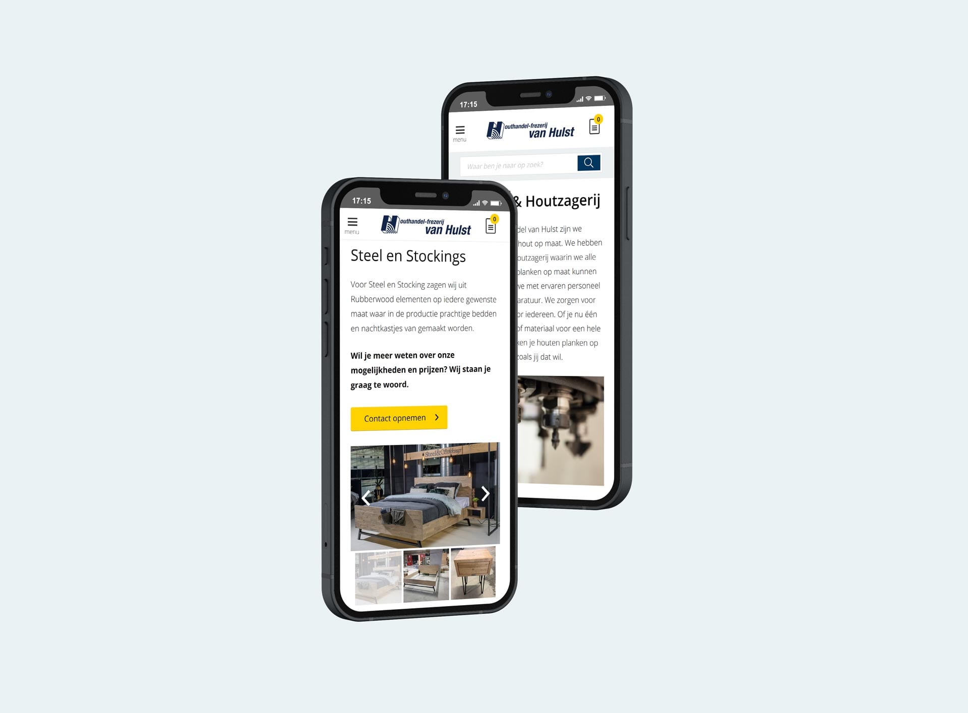 Projectpagina Steel en Stockings en de pagina Houtzagerij van Van Hulst op smartphones