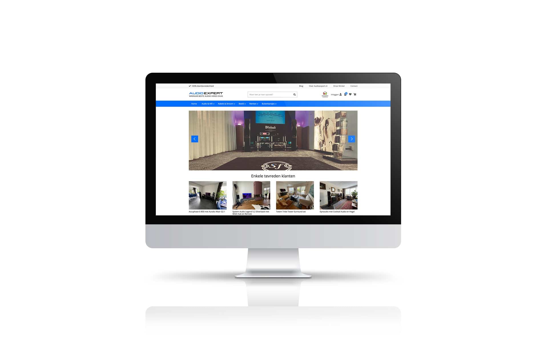 Homepage van de webshop van Audio Expert op een iMac