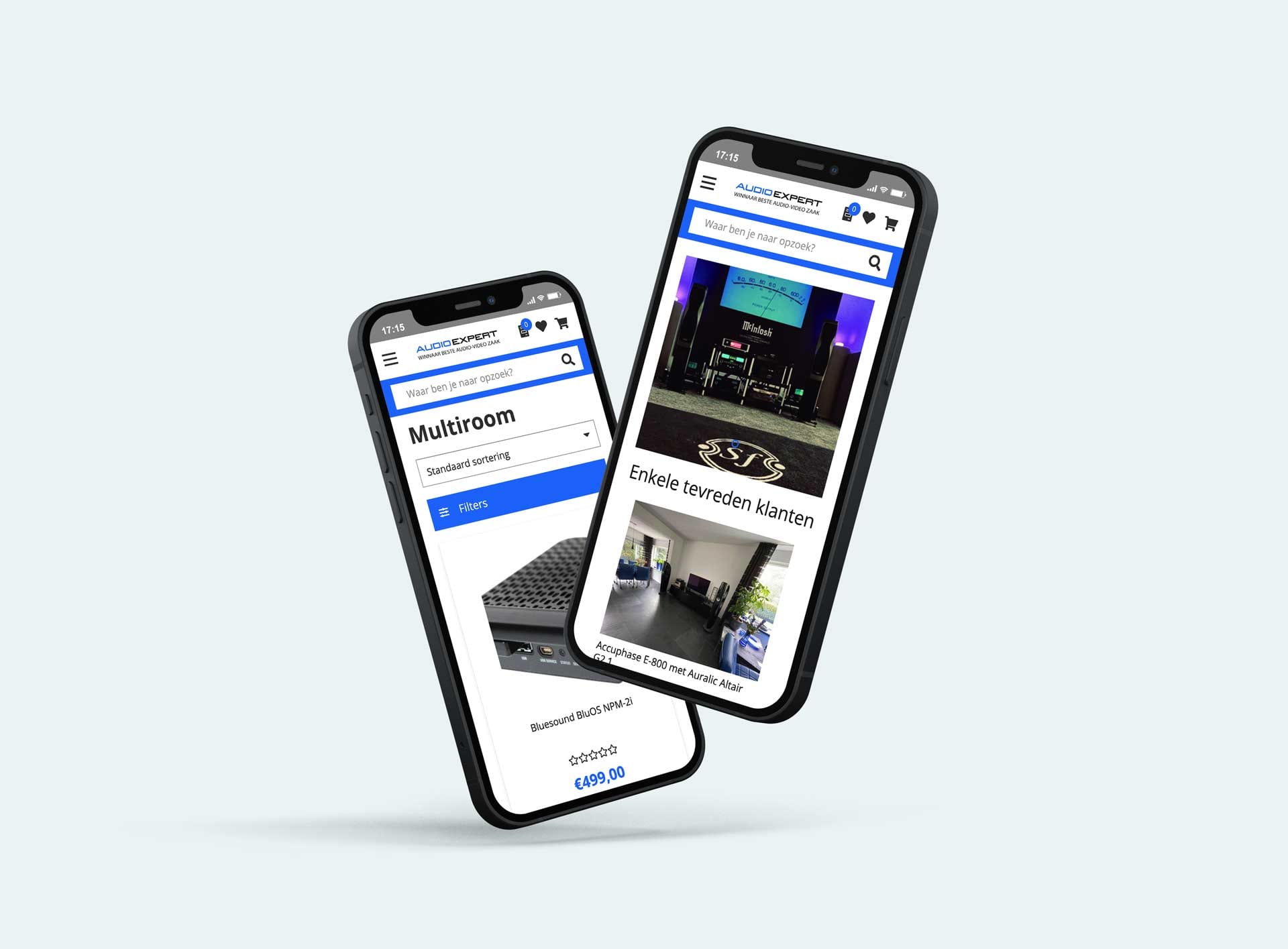 Webshop van Audio Expert op twee smartphones, met homepage en categorie Multiroom