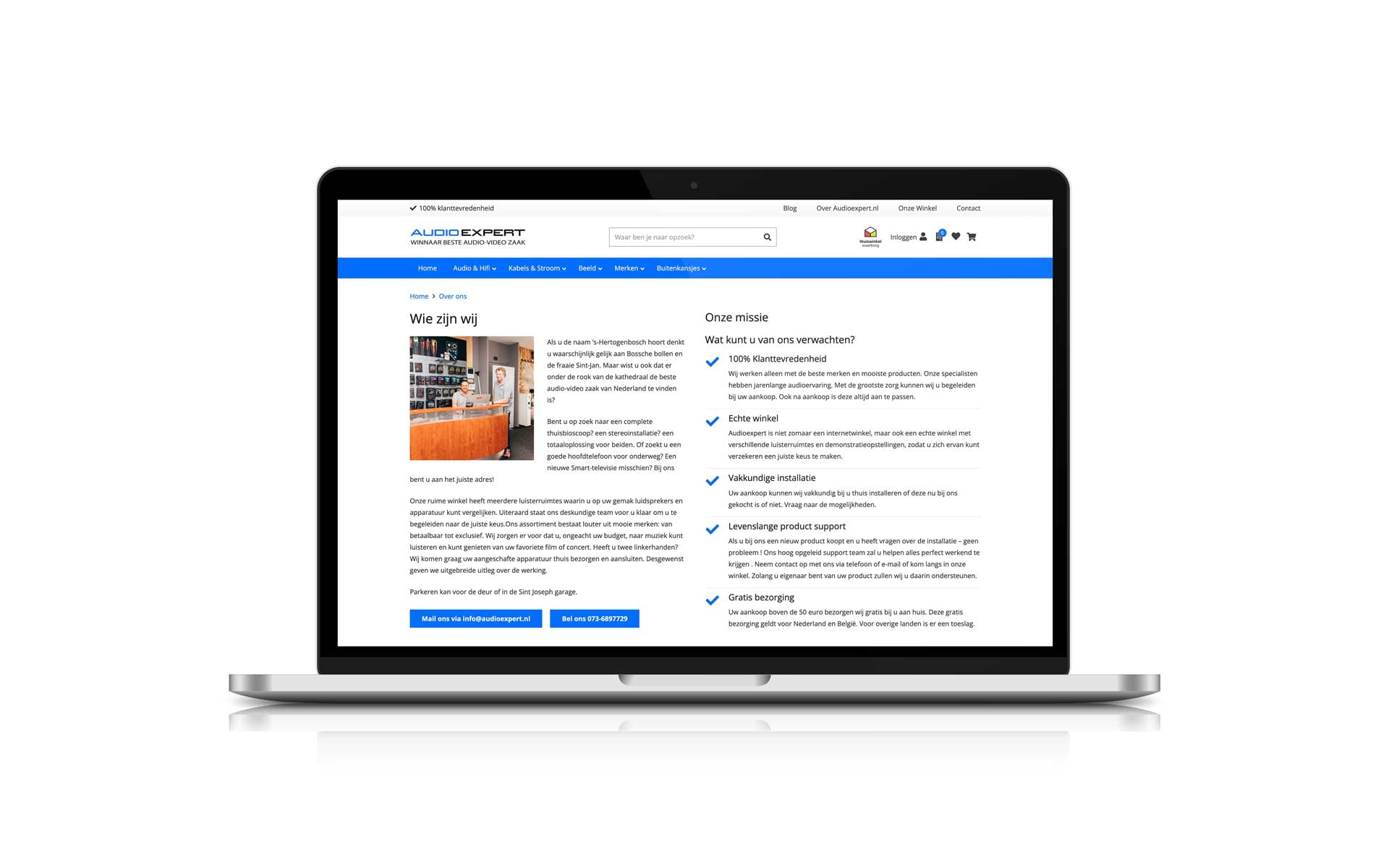Pagina Over ons van de webshop van Audio Expert op een MacBook