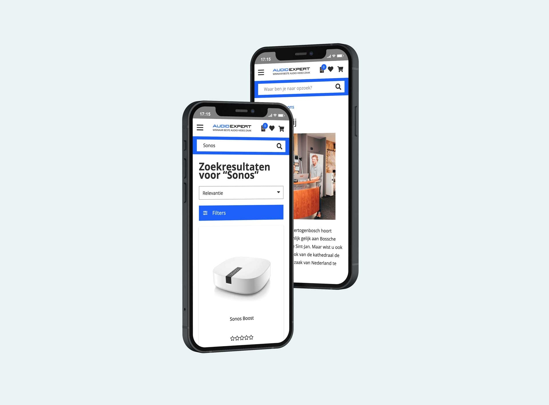 Zoekresultaten voor Sonos en de pagina Over ons van Audio Expert op smartphones