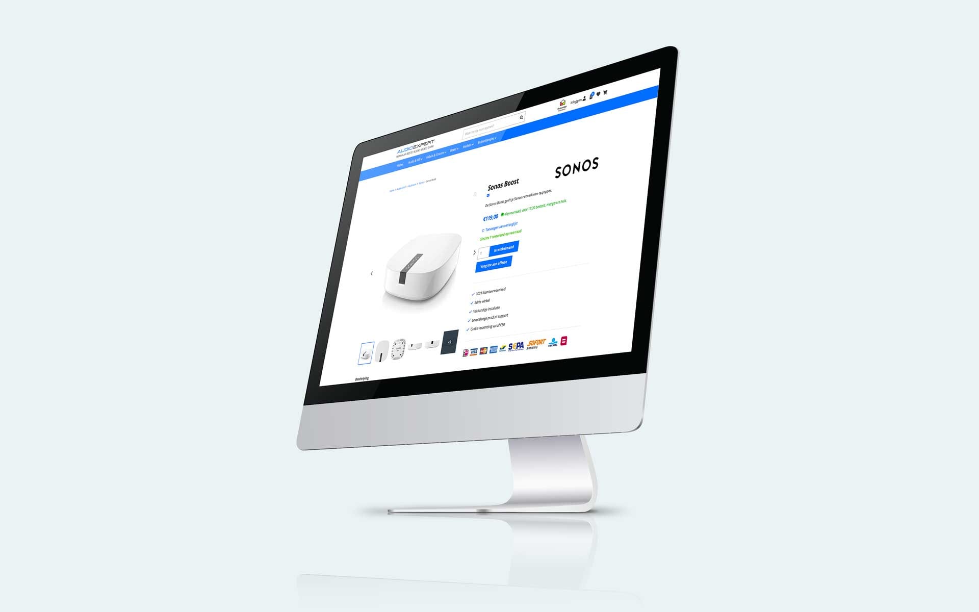 Productpagina van de Sonos Boost in de webshop van Audio Expert op een iMac