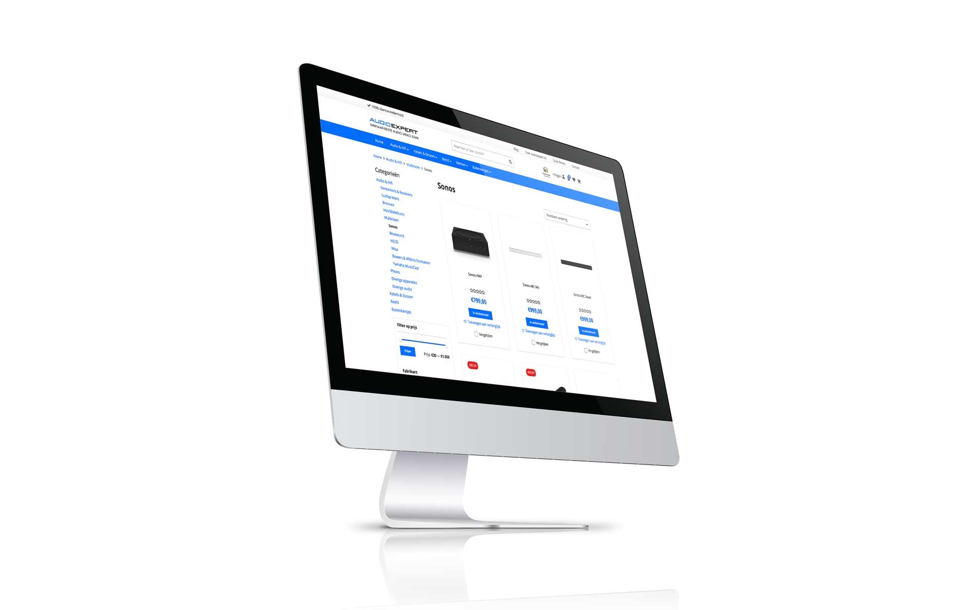 Categoriepagina Sonos van de webshop van Audio Expert op een iMac