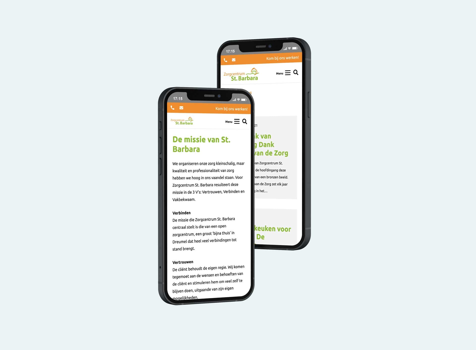 Pagina De missie van St. Barbara op twee smartphones