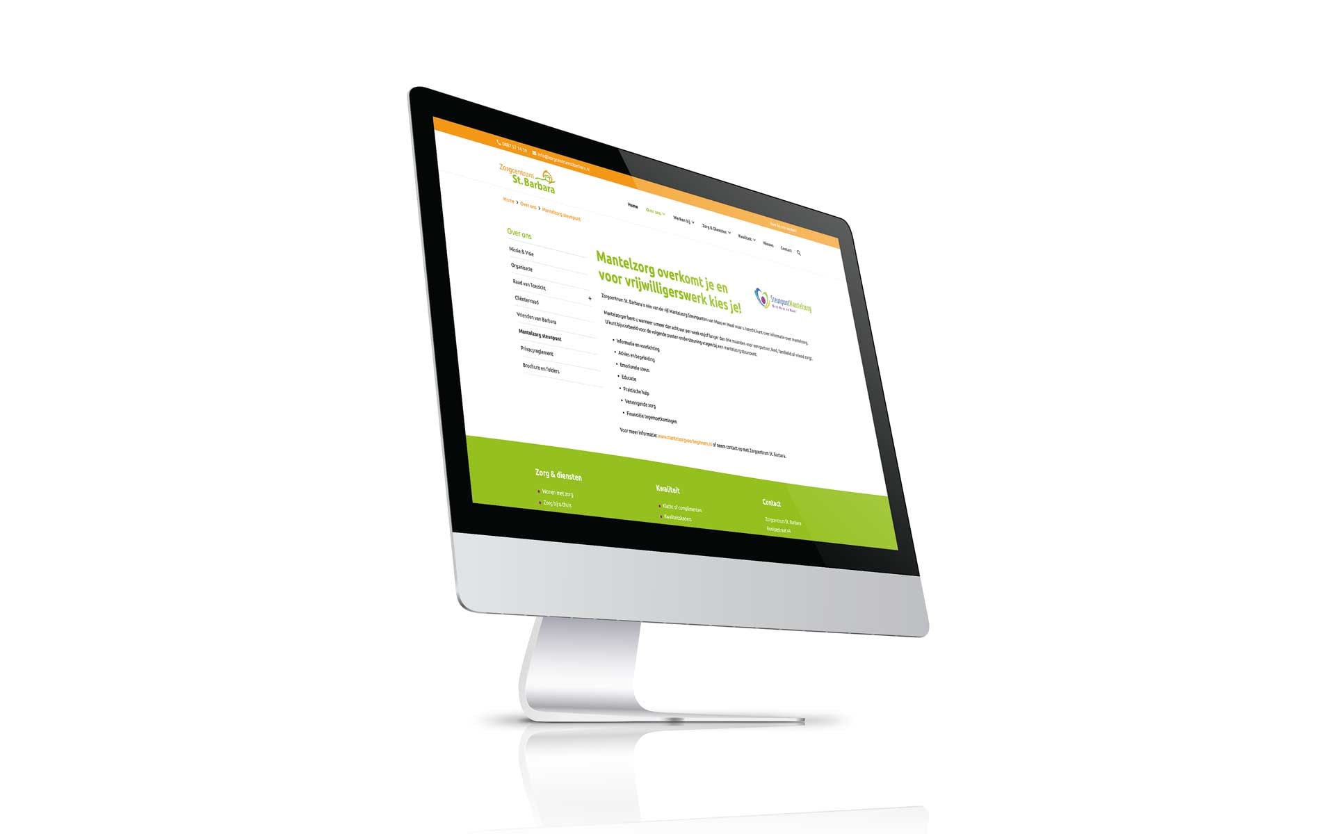 Contentpagina met zijmenu op de website van Zorgcentrum St. Barbara op een iMac