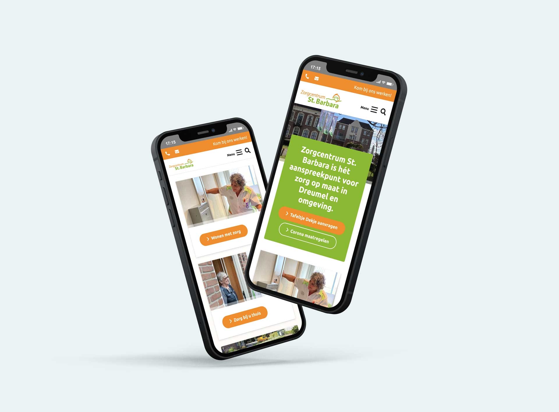 Homepage van Zorgcentrum St. Barbara in Dreumel op twee smartphones