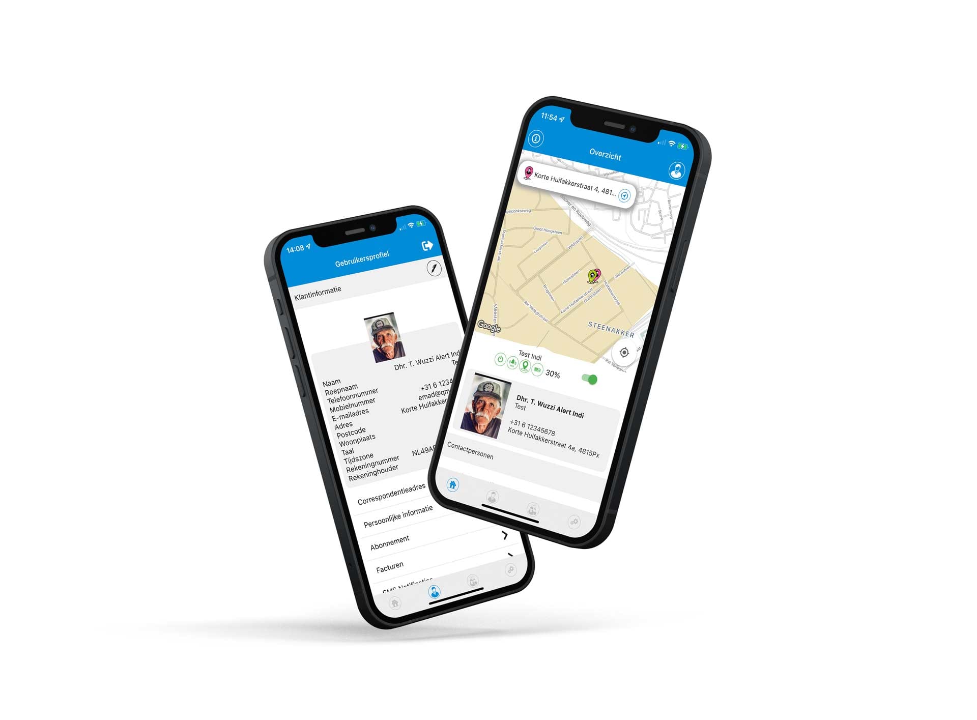 Webapplicatie My Wuzzi met gebruikersprofiel en kaart op twee smartphones