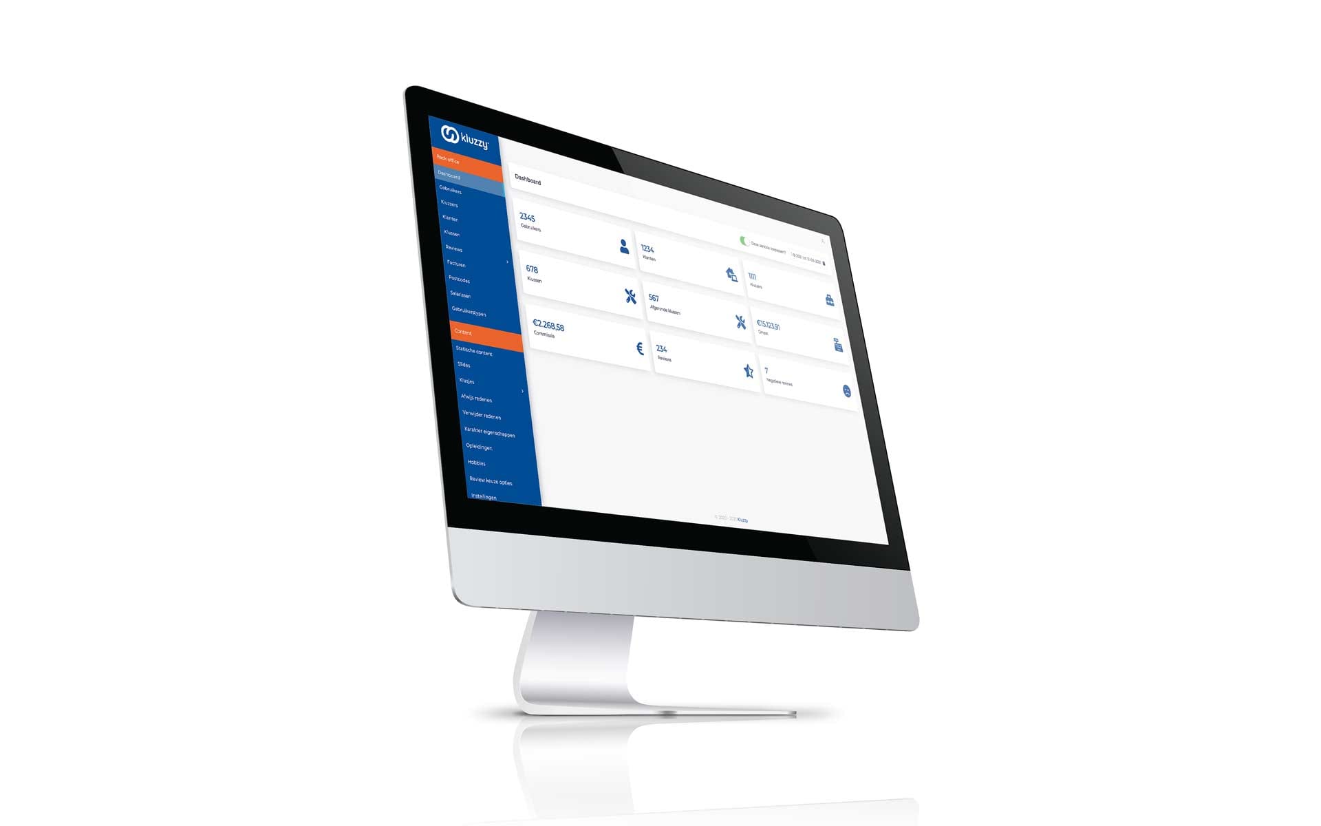 Beheerdashboard van de Kluzzy-app met statistieken op een iMac