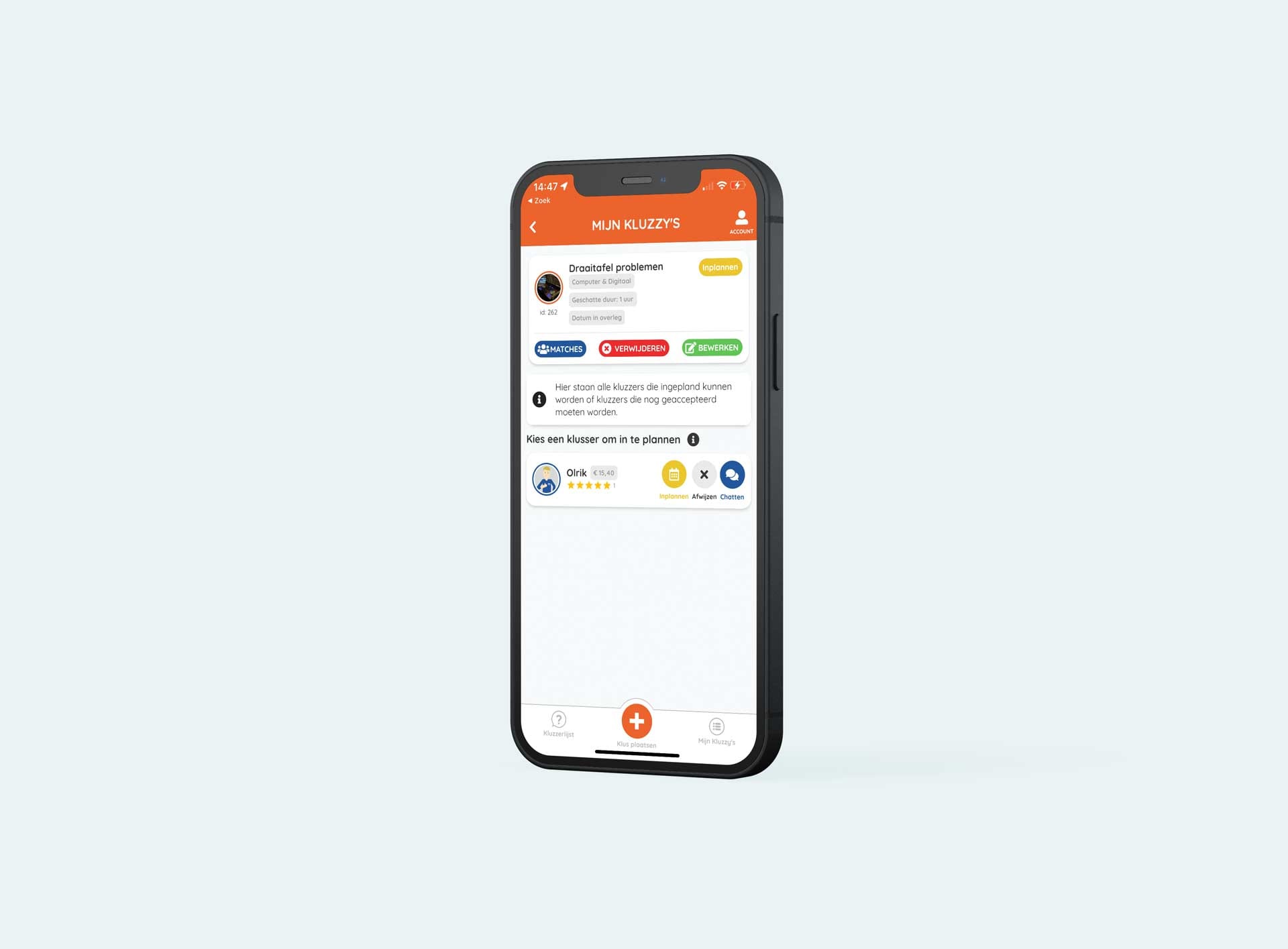 Scherm Mijn Kluzzy's met een geplande klus in de Kluzzy-app op een smartphone
