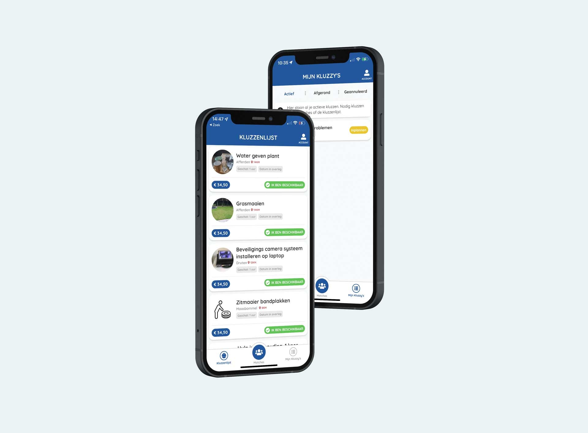Kluzzy-app met klussenlijst en Mijn Kluzzy's op twee smartphones