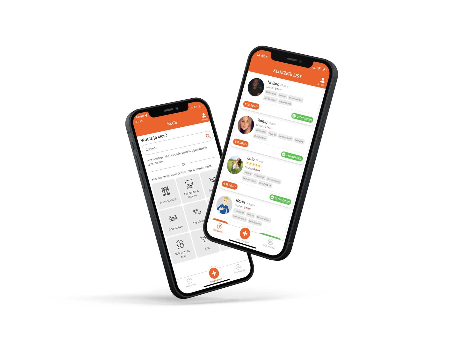 Kluzzy-app op twee smartphones met klusaanvraag en kluzzerlijst