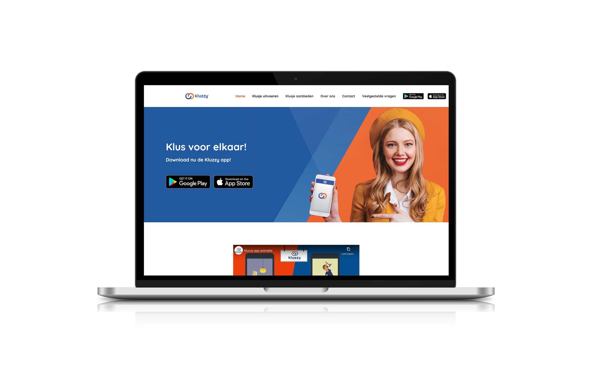 Homepage van de website van Kluzzy op een MacBook