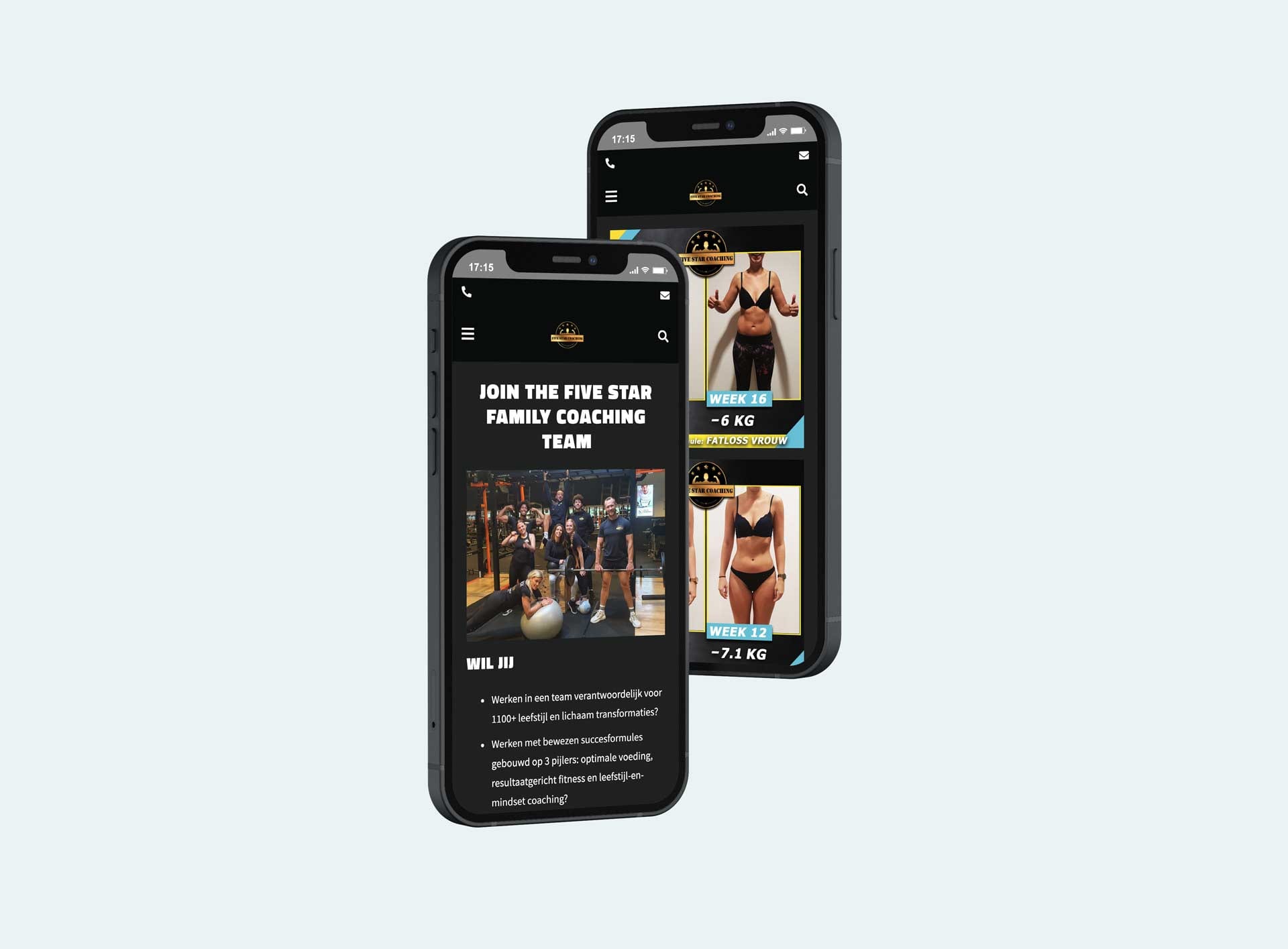 Vacaturepagina en resultaten van Five Star Coaching op twee smartphones