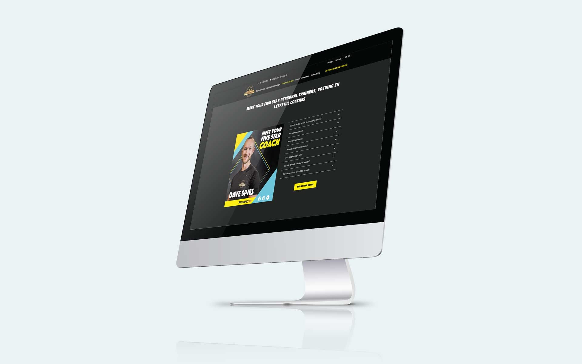 Teampagina van Five Star Coaching met coachprofiel op een iMac