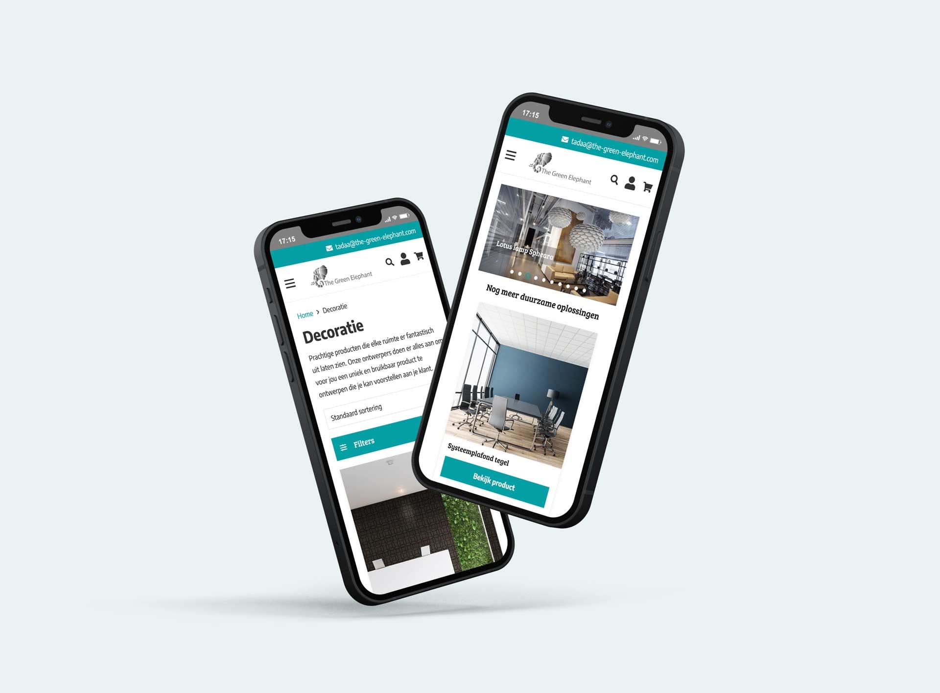 Webshop van The Green Elephant met decoratie en productfoto's op twee smartphones