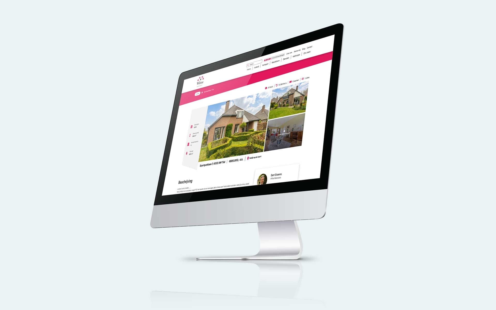 Woningpagina met foto's op de website van Witte Makelaars op een iMac
