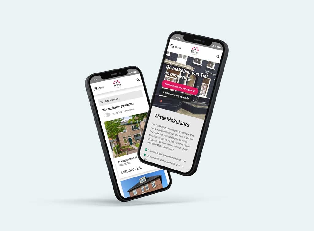 Homepage en woningaanbod van Witte Makelaars op twee smartphones