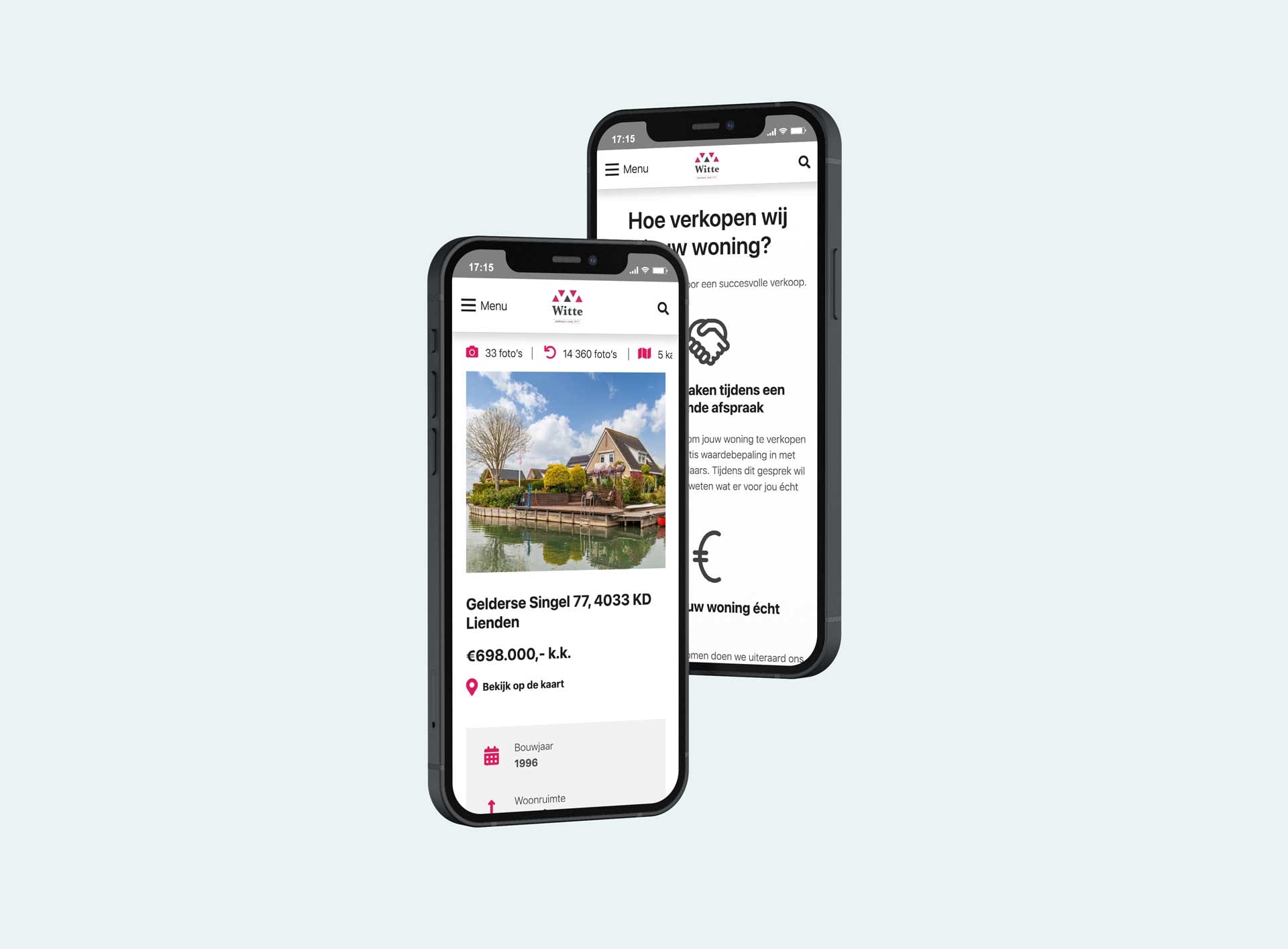 Woningdetailpagina en verkooppagina van Witte Makelaars op twee smartphones