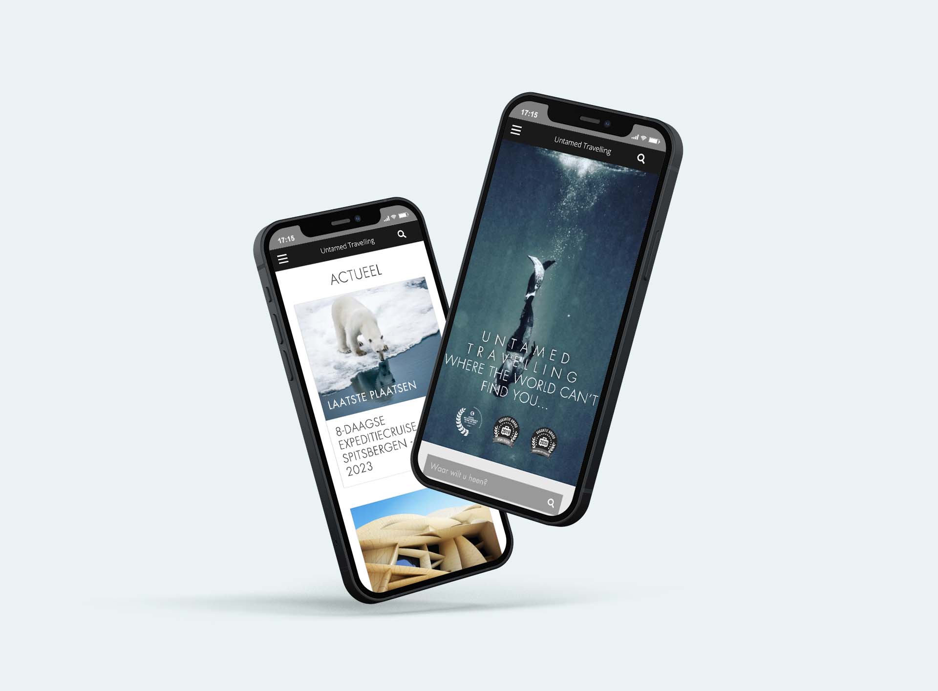 Homepage en actueelpagina van Untamed Travelling op twee smartphones