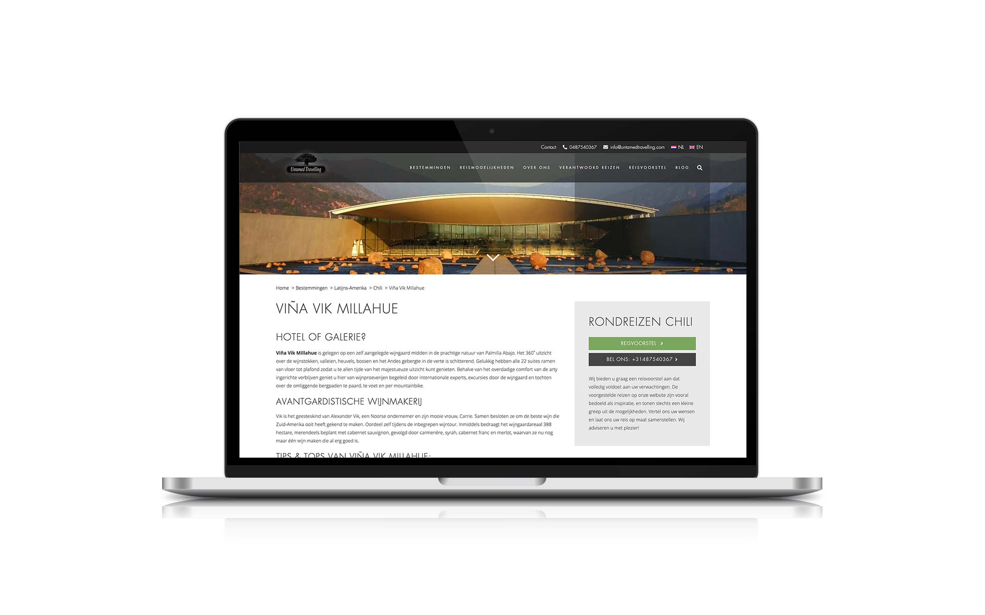 Pagina over Viña Vik Millahue op de website van Untamed Travelling op een laptop