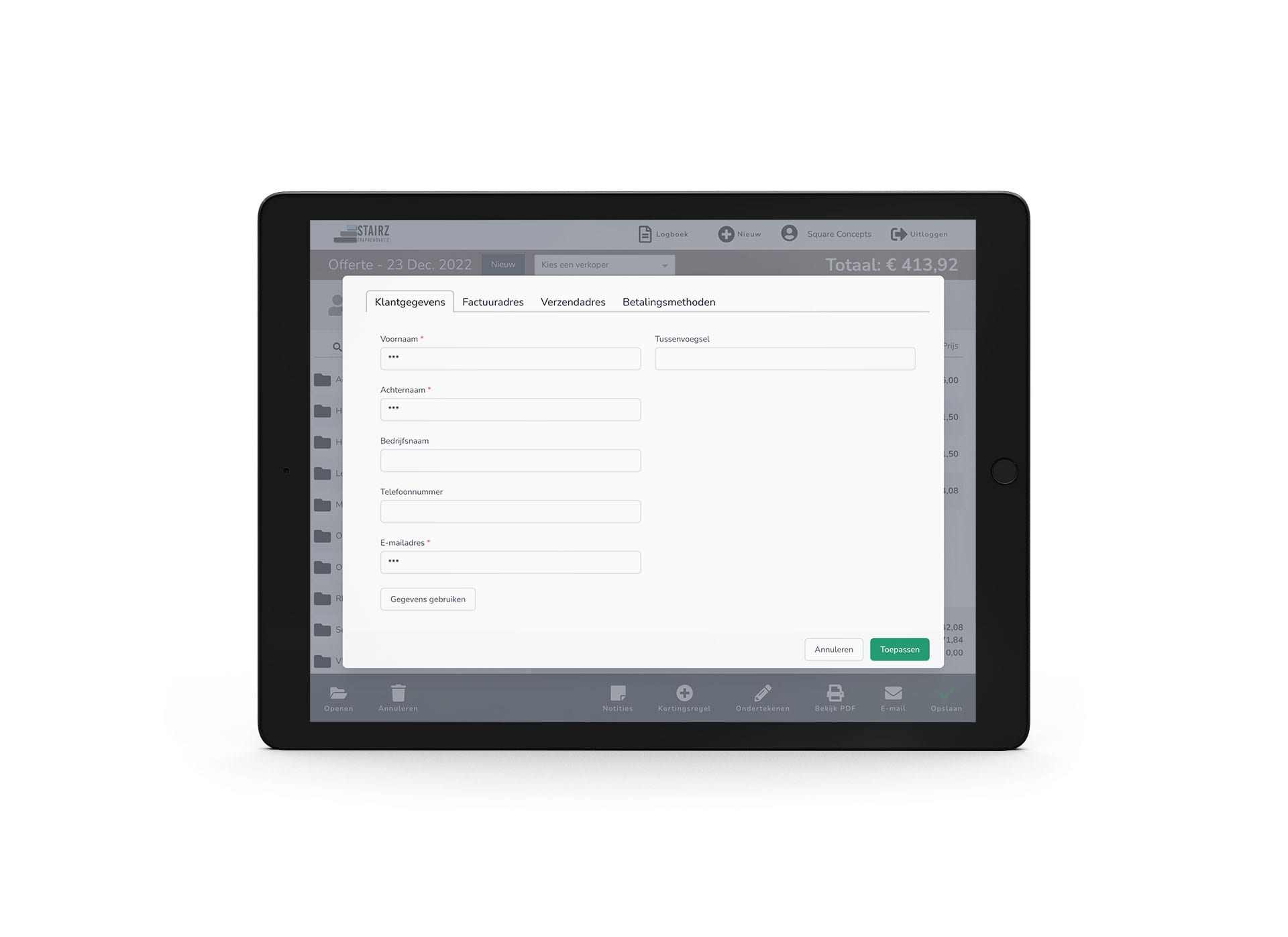 Formulier voor klantgegevens in de verkoopapp van Stairz op een iPad