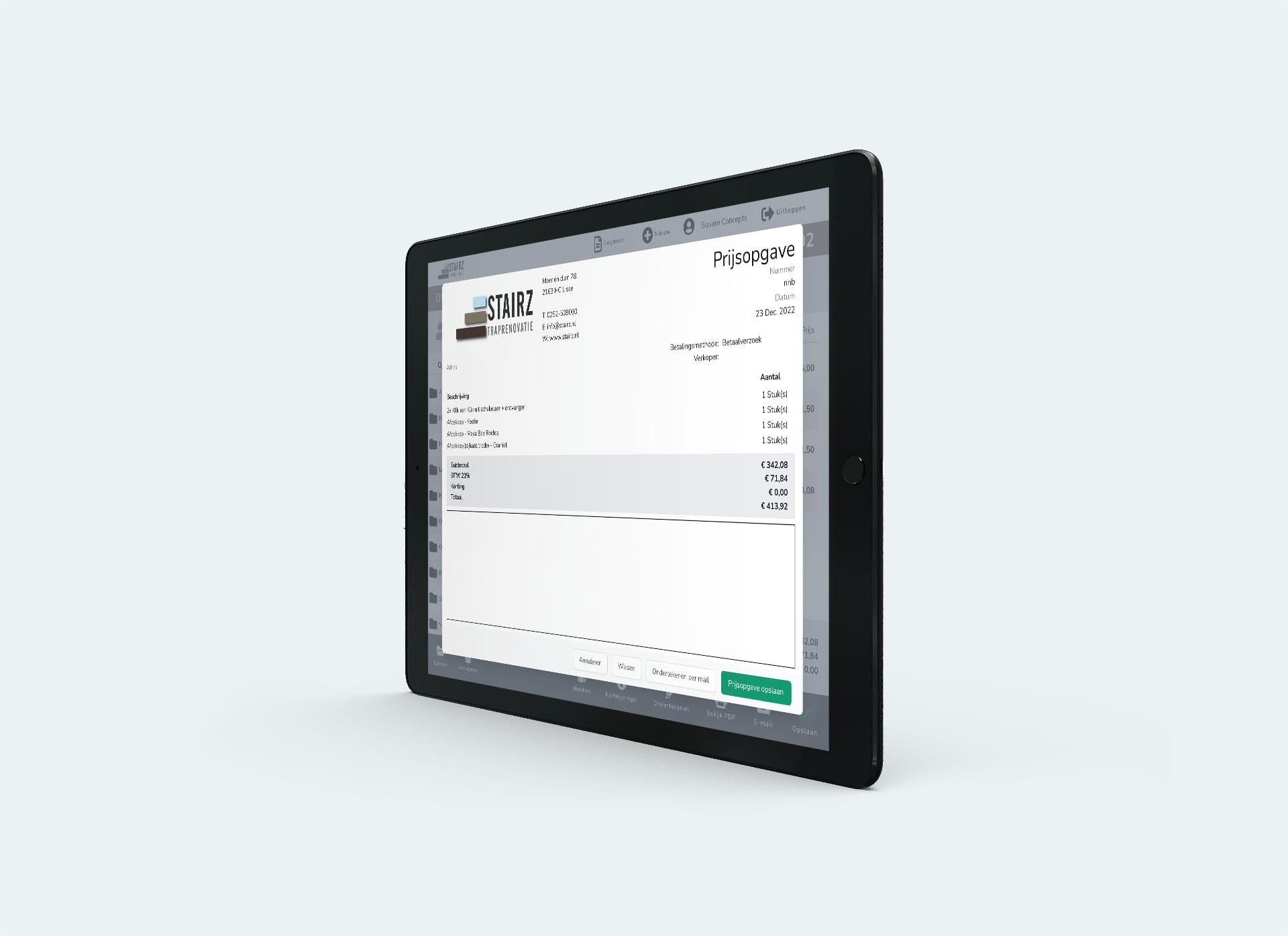 Prijsopgave van Stairz Traprenovatie in de verkoopapp op een iPad