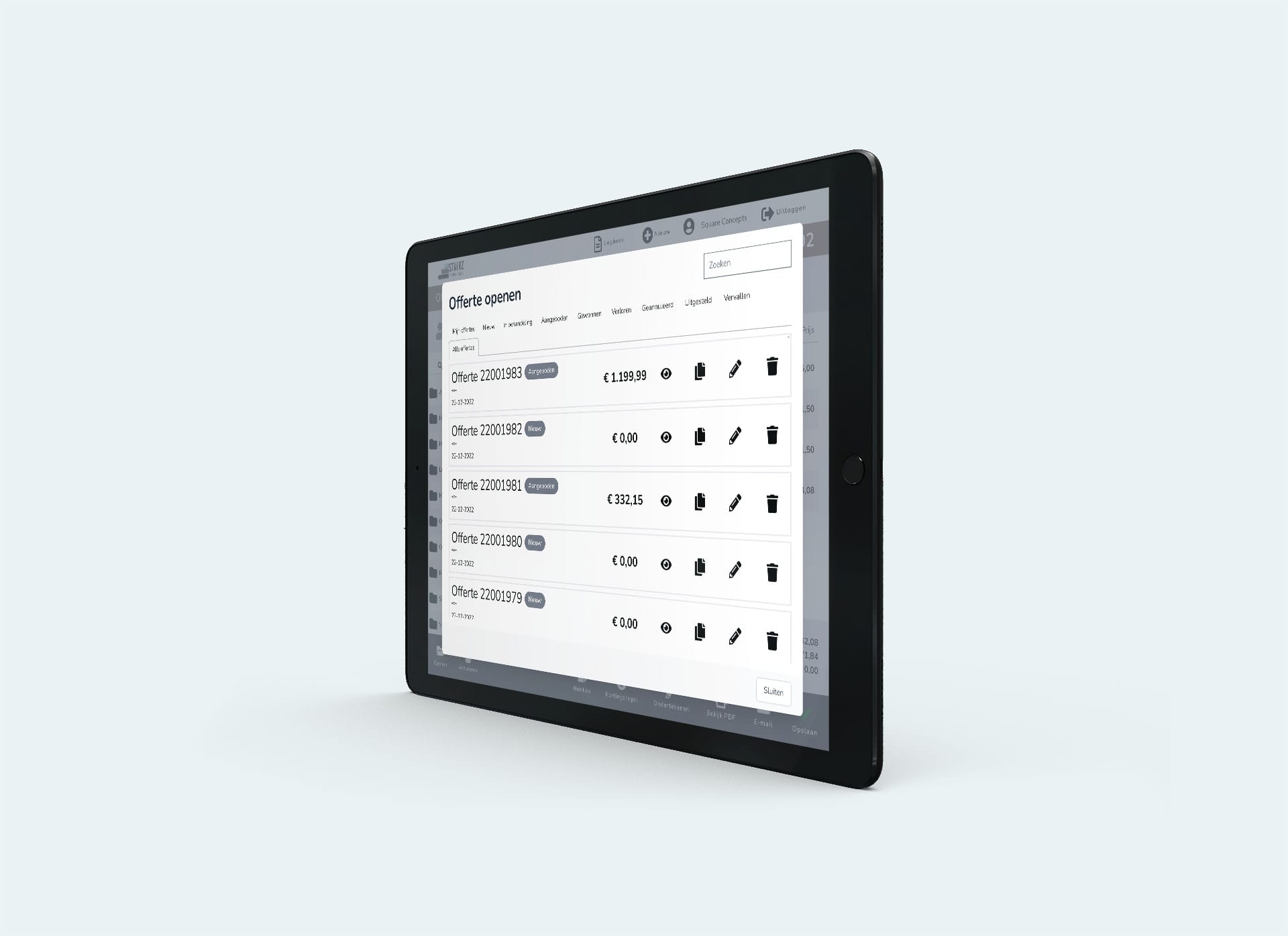 Overzicht van opgeslagen offertes in de Stairz-verkoopapp op een iPad