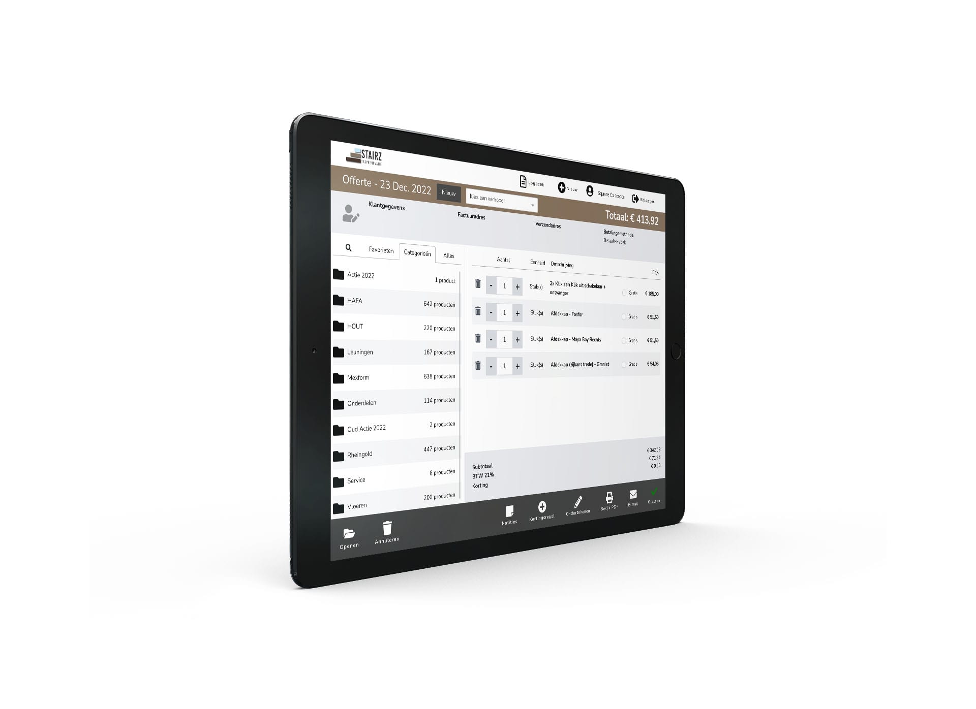 Offertescherm met productcategorieën in de verkoopapp van Stairz op een iPad